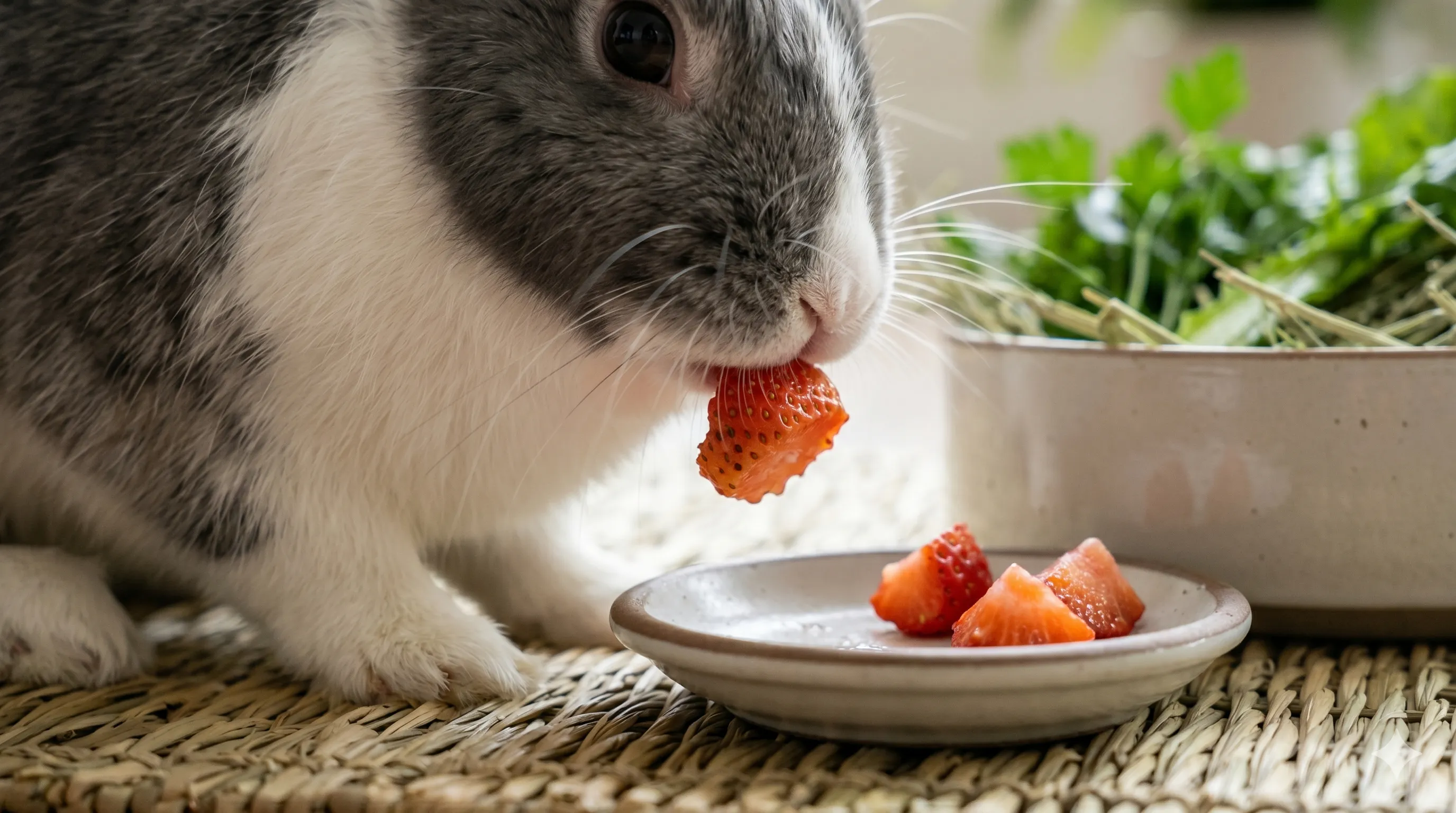 rabbit-eating-small-strawberry-pieces-closeup-image-1 Close-up of rabbit eating fresh strawberry pieces in healthy feeding setup indoors