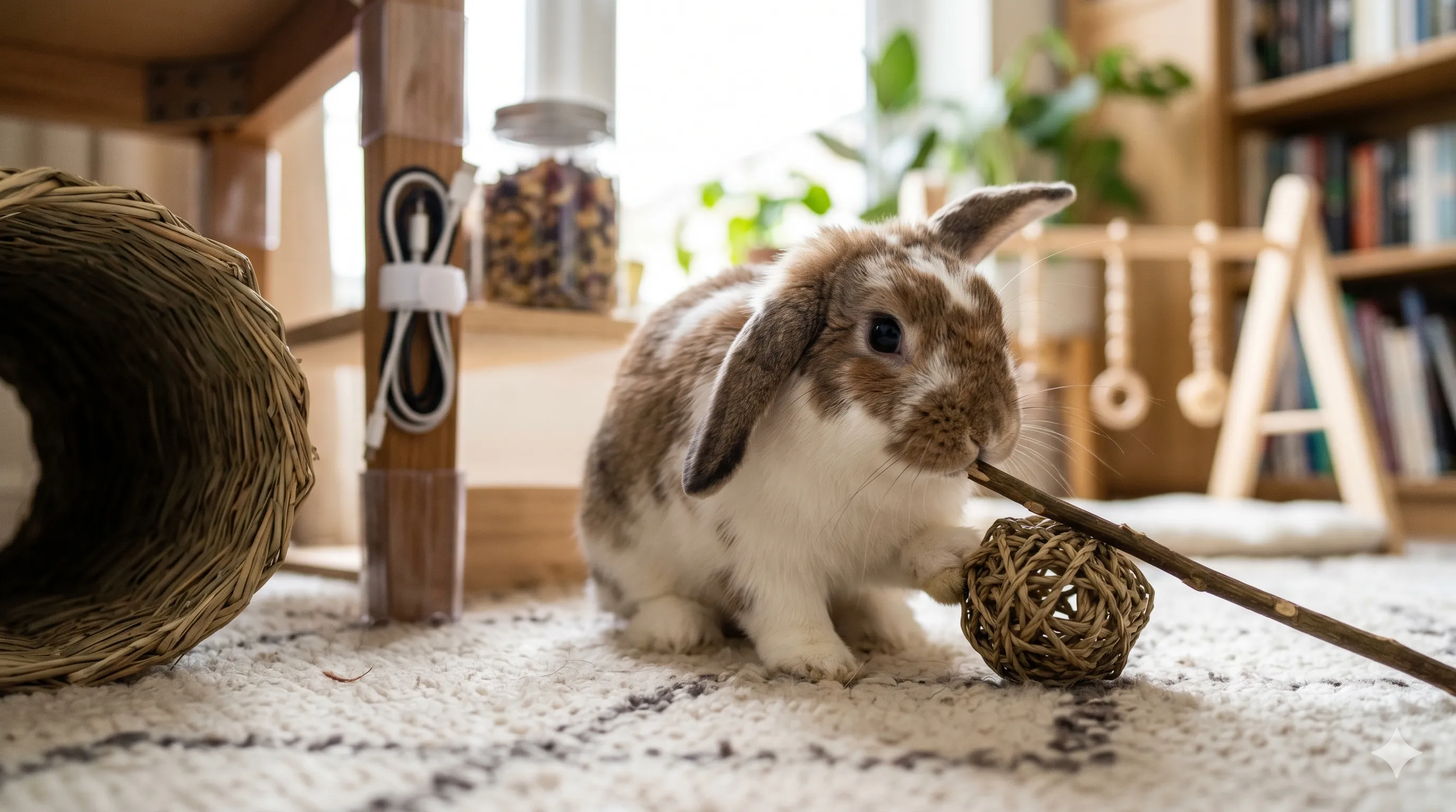 Close-up of rabbit exploring safe indoor free roam environment with enrichment toys