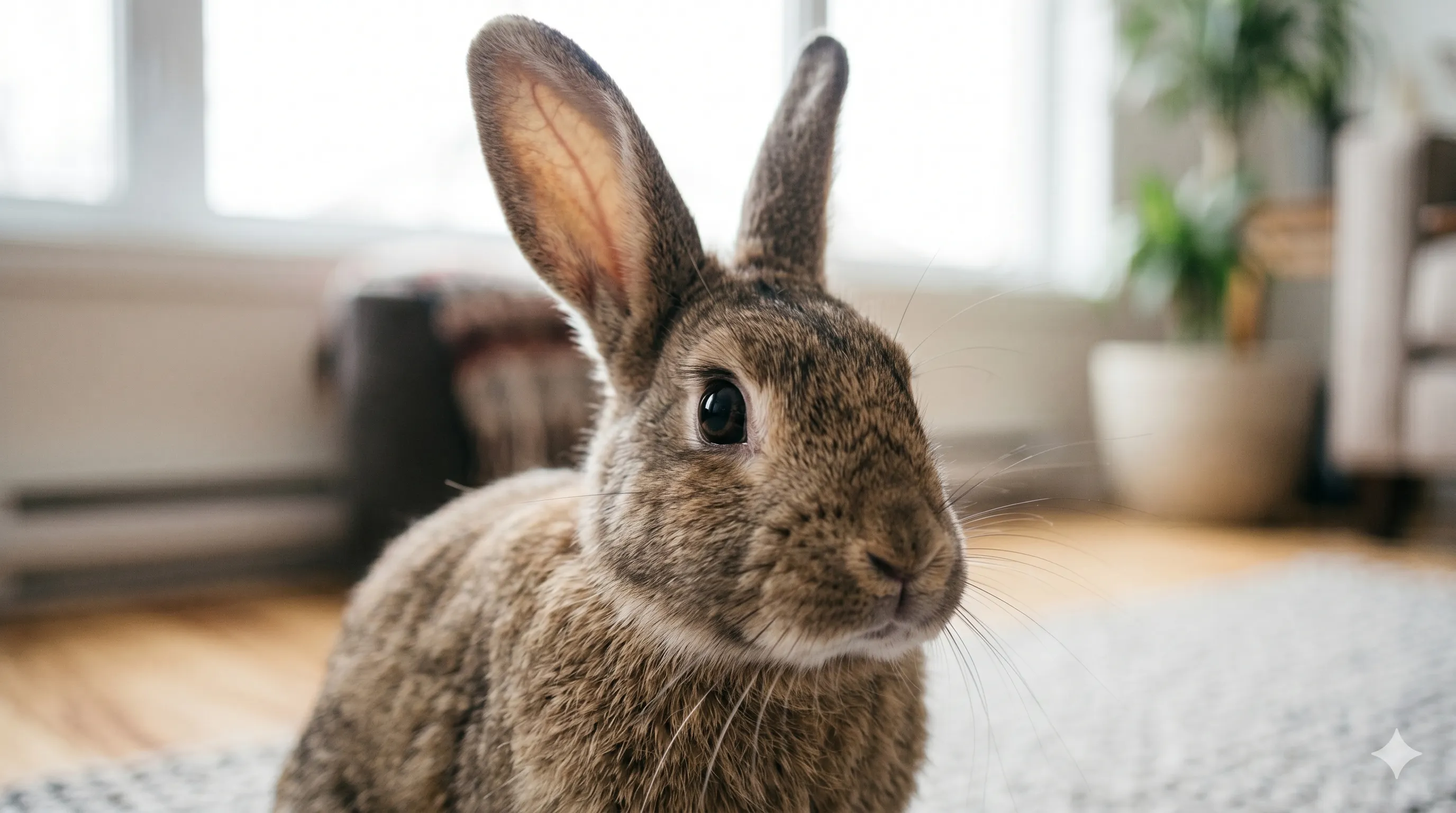 rabbit-eye-contact-attentive-closeup-image-1 Close-up of rabbit staring attentively with alert ears and focused eyes