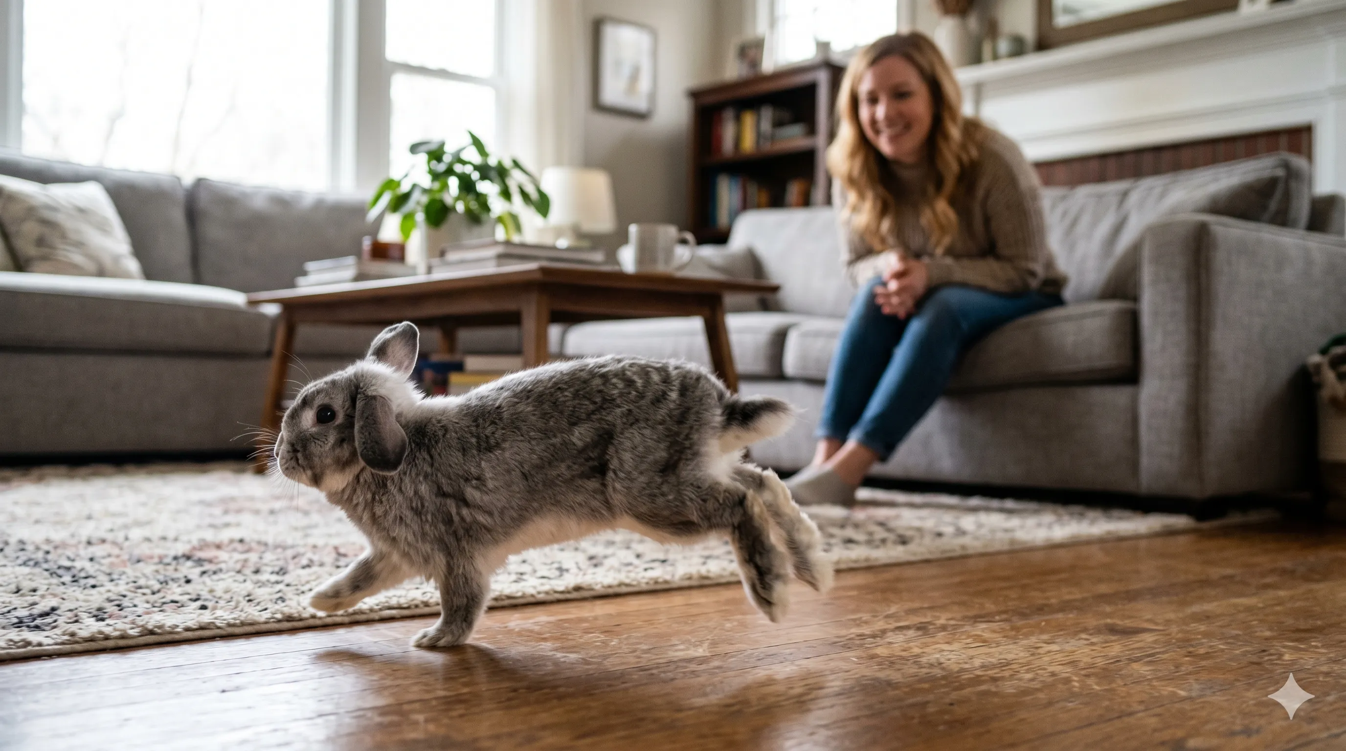 Rabbit flicking its back feet while hopping away showing attitude and emotional body language