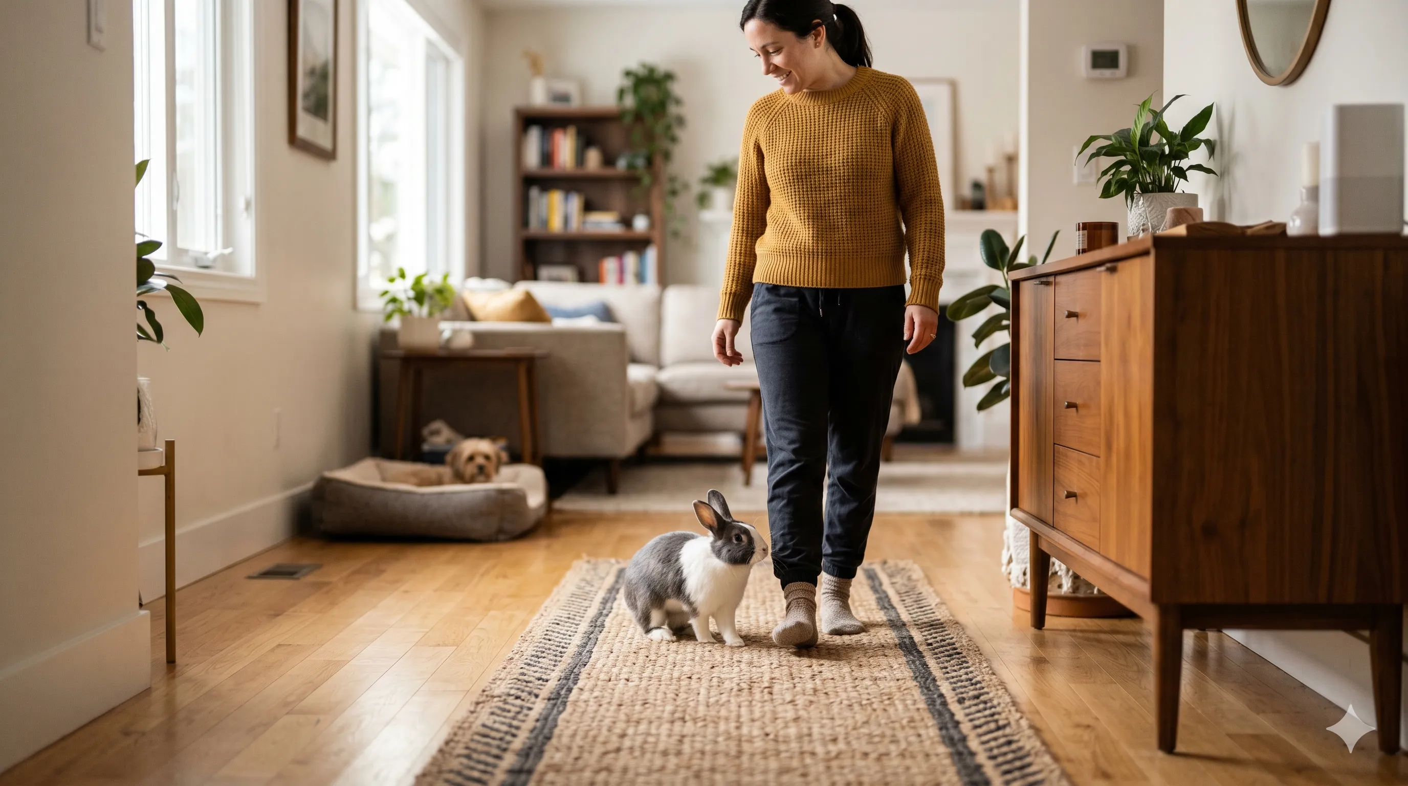 Rabbit following owner around the house showing attachment and trust behavior