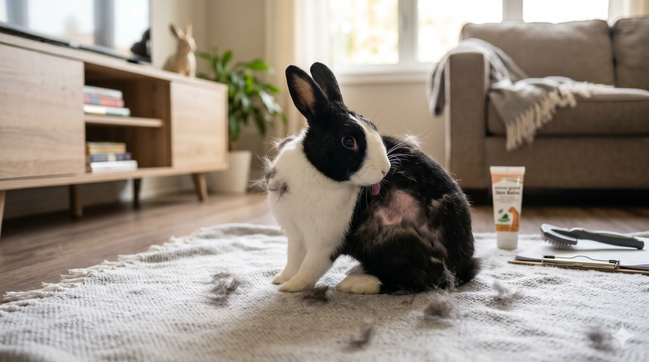 Rabbit shedding fur indoors showing normal molting and possible health-related fur loss