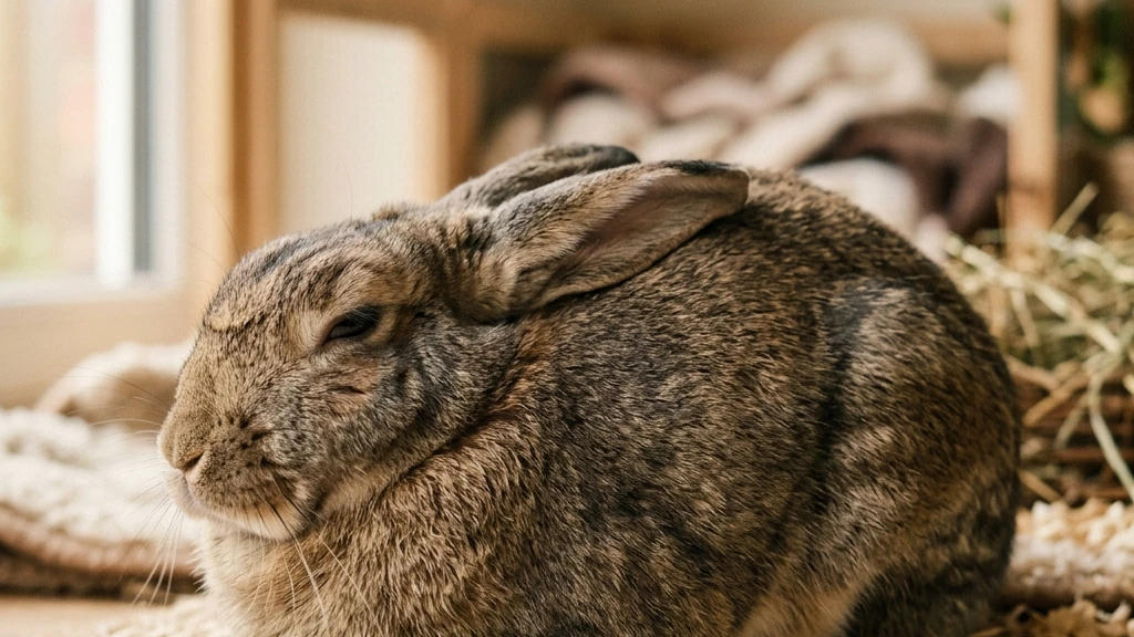 rabbit-hunched-posture-gi-stasis-image-1 Rabbit sitting hunched and withdrawn showing possible GI stasis discomfort