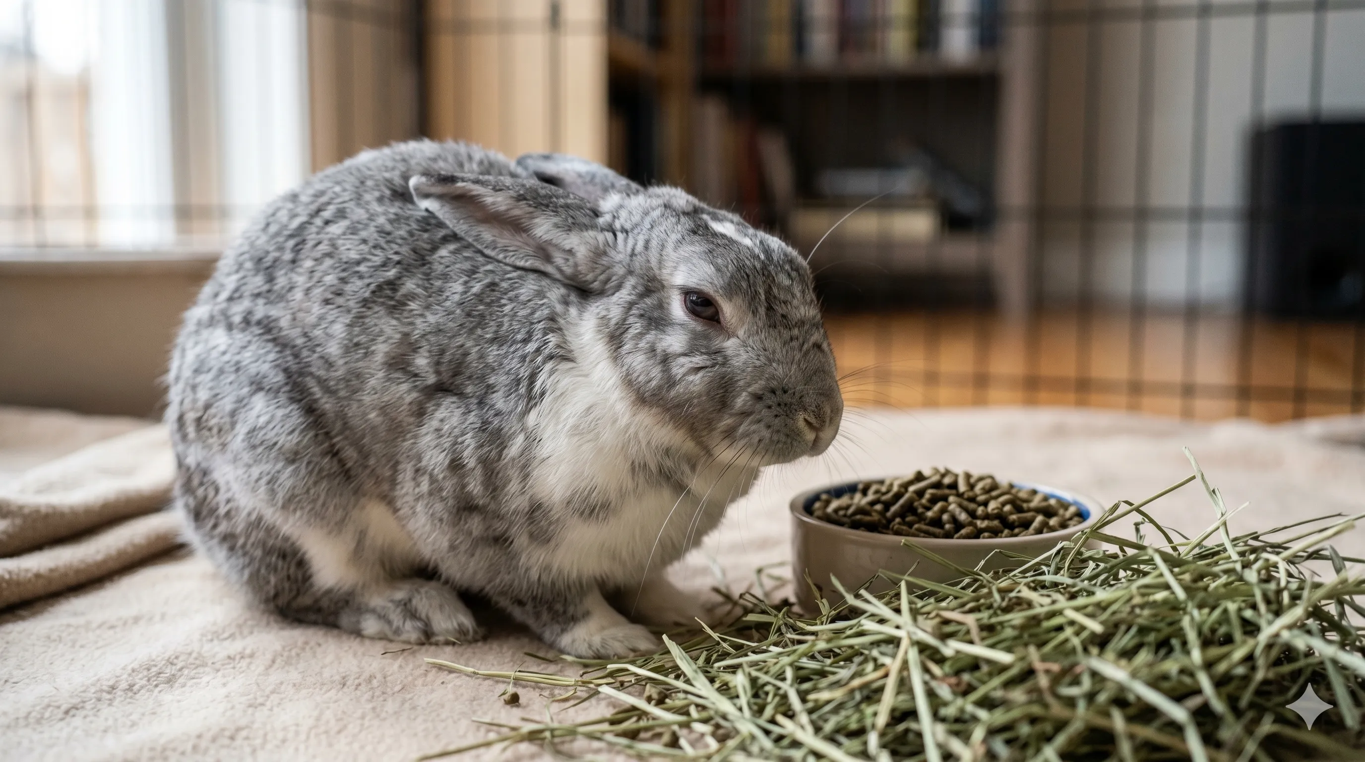 rabbit-ignoring-food-closeup-warning-signs-image-1 Close-up of rabbit refusing food with low energy posture and untouched hay nearby