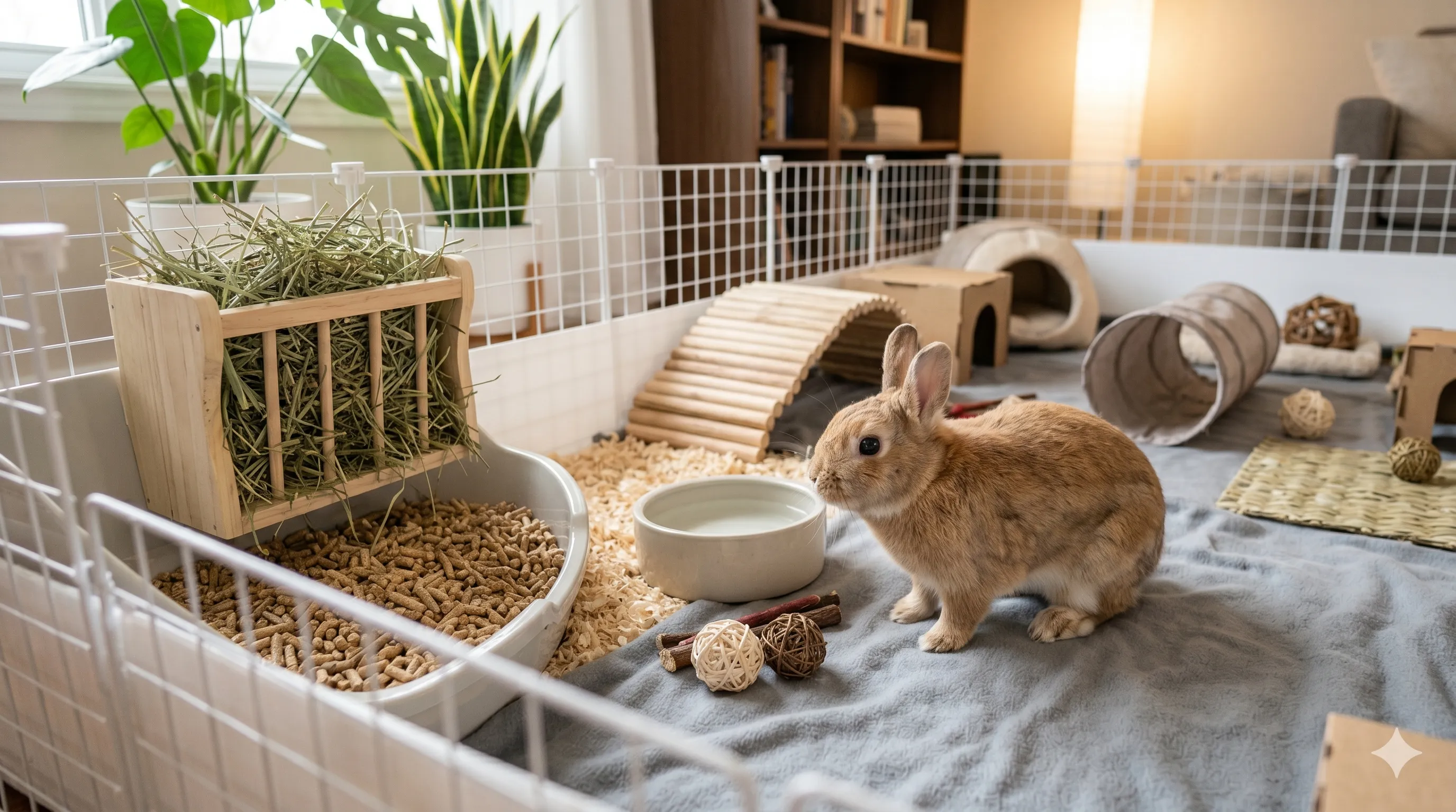Close-up of rabbit inside clean indoor enclosure with hay toys and litter setup