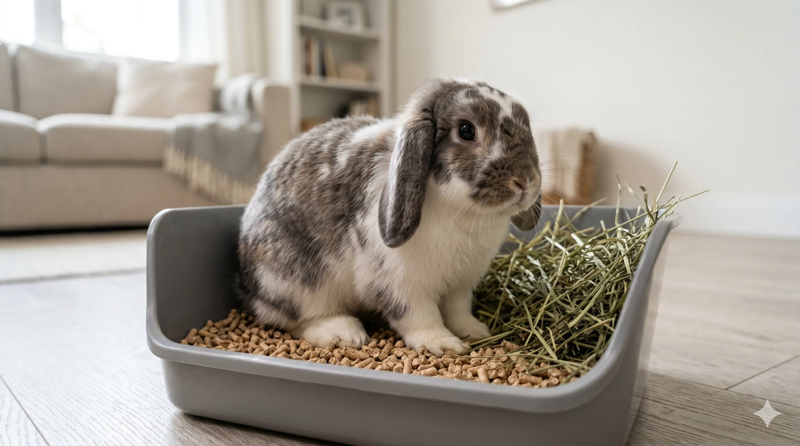 rabbit-learning-litter-box-habits-closeup-image-1 Close-up of rabbit using litter box with hay setup during training indoors