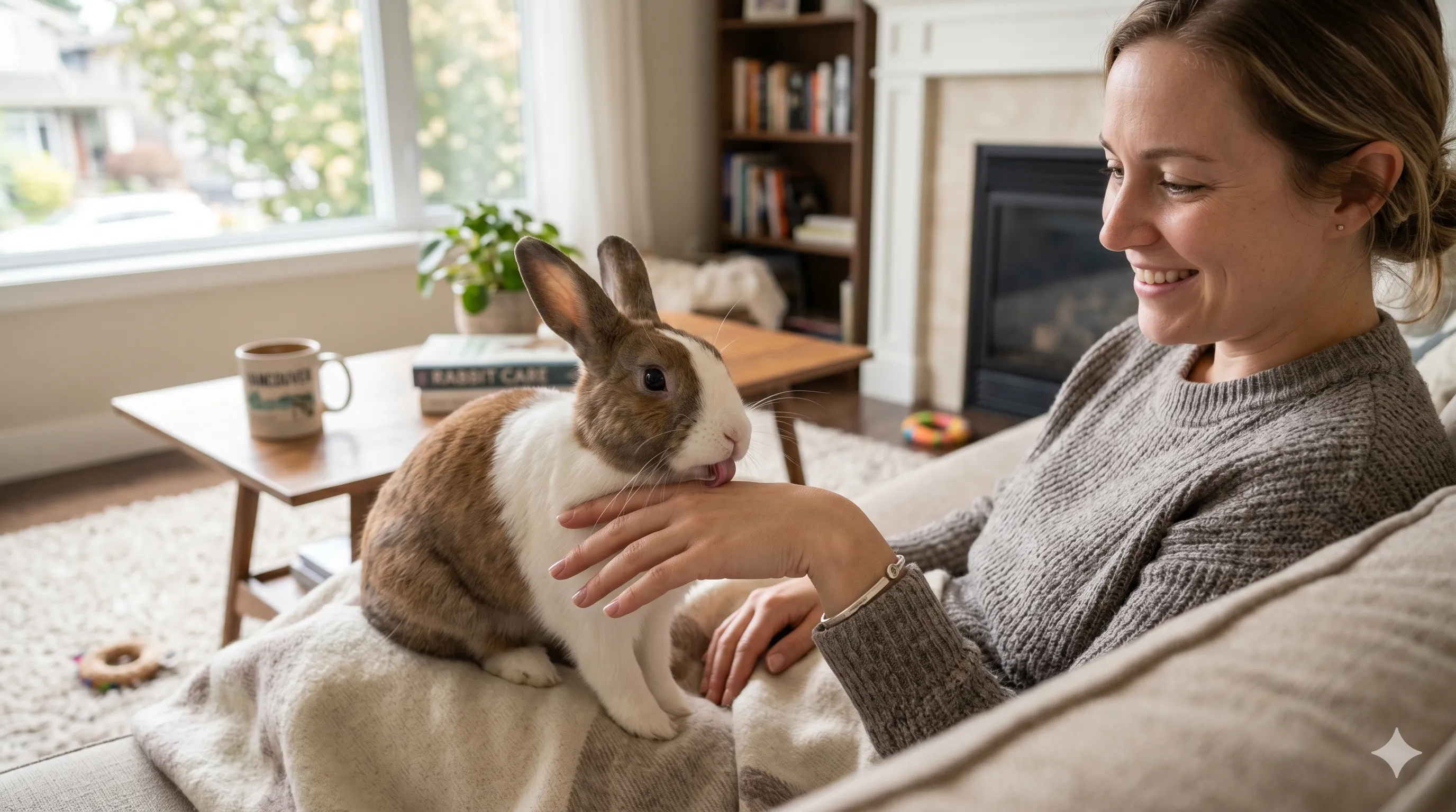 Rabbit licking owner's hand showing affection and bonding behavior