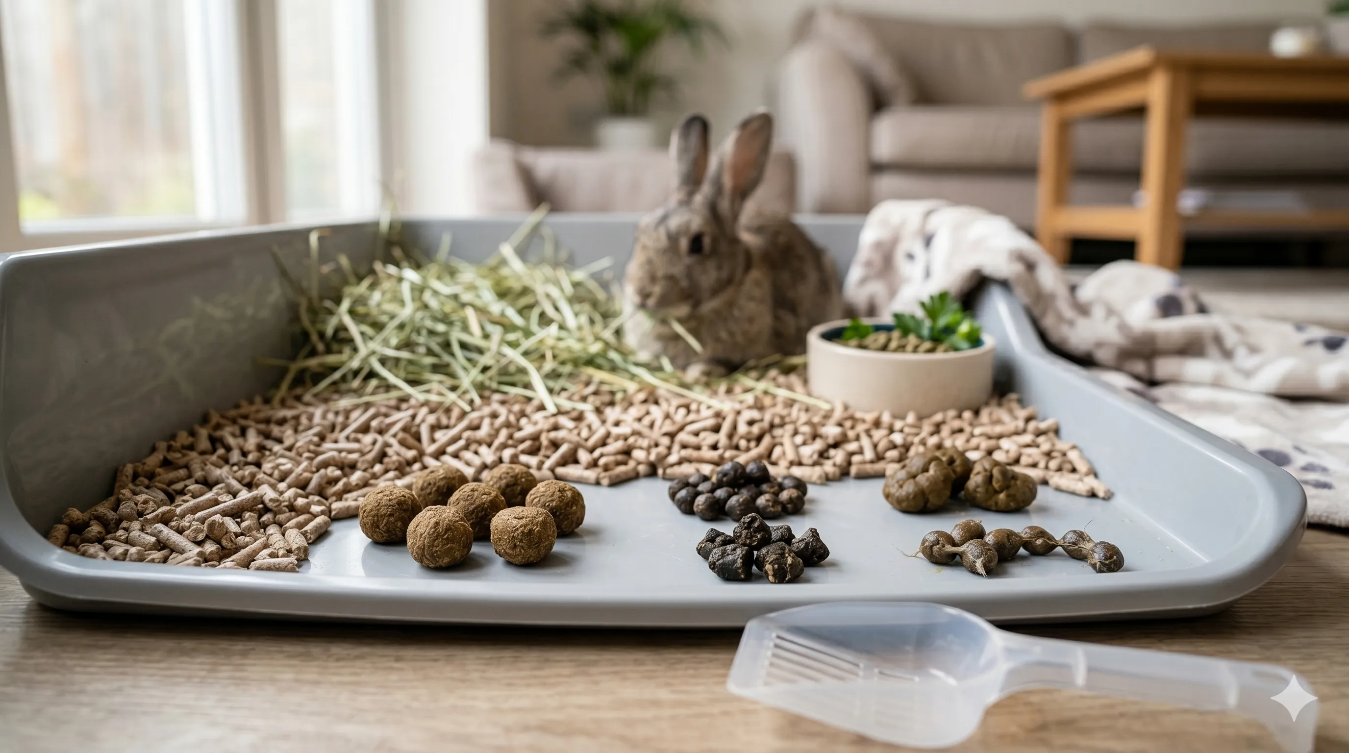 rabbit-litter-poop-health-closeup-image-1 Close-up of healthy and unhealthy rabbit poop differences in clean litter setup