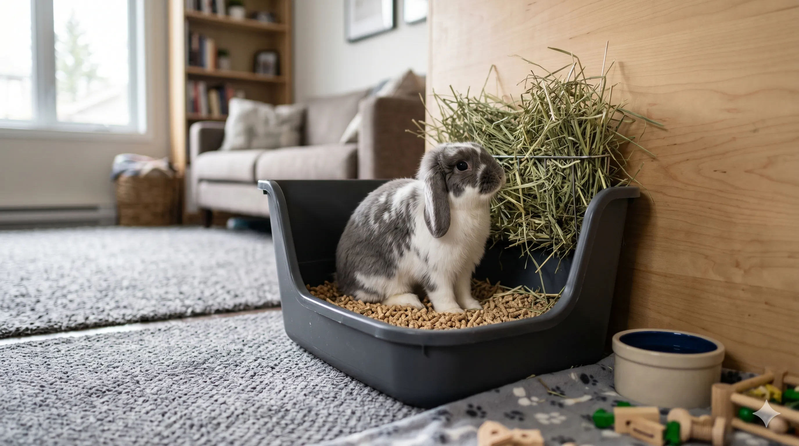 Rabbit using litter box indoors during successful litter training process at home