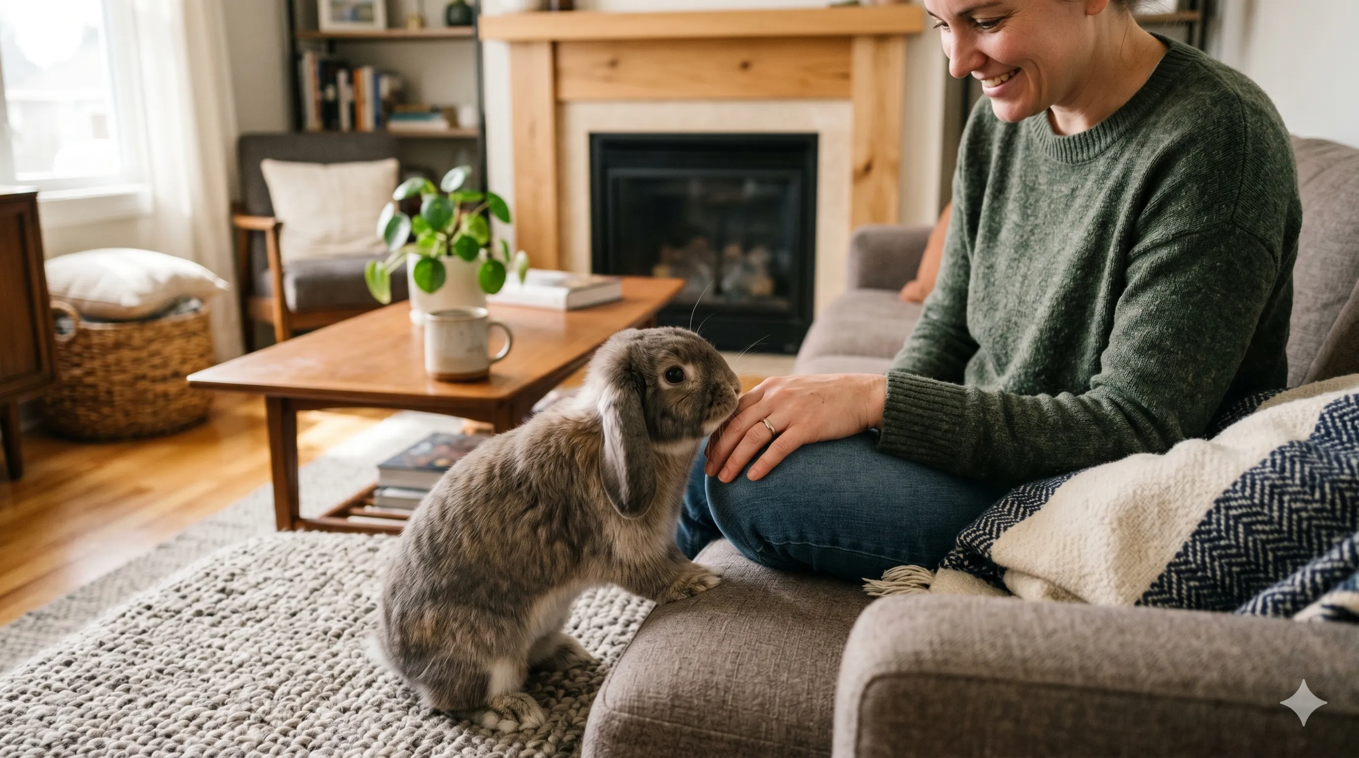 Rabbit nudging owner's hand showing attention-seeking and communication behavior