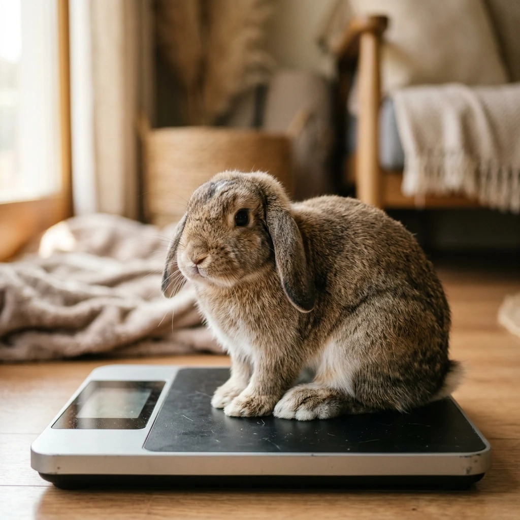 Rabbit sitting calmly on a scale during a weekly weigh-in