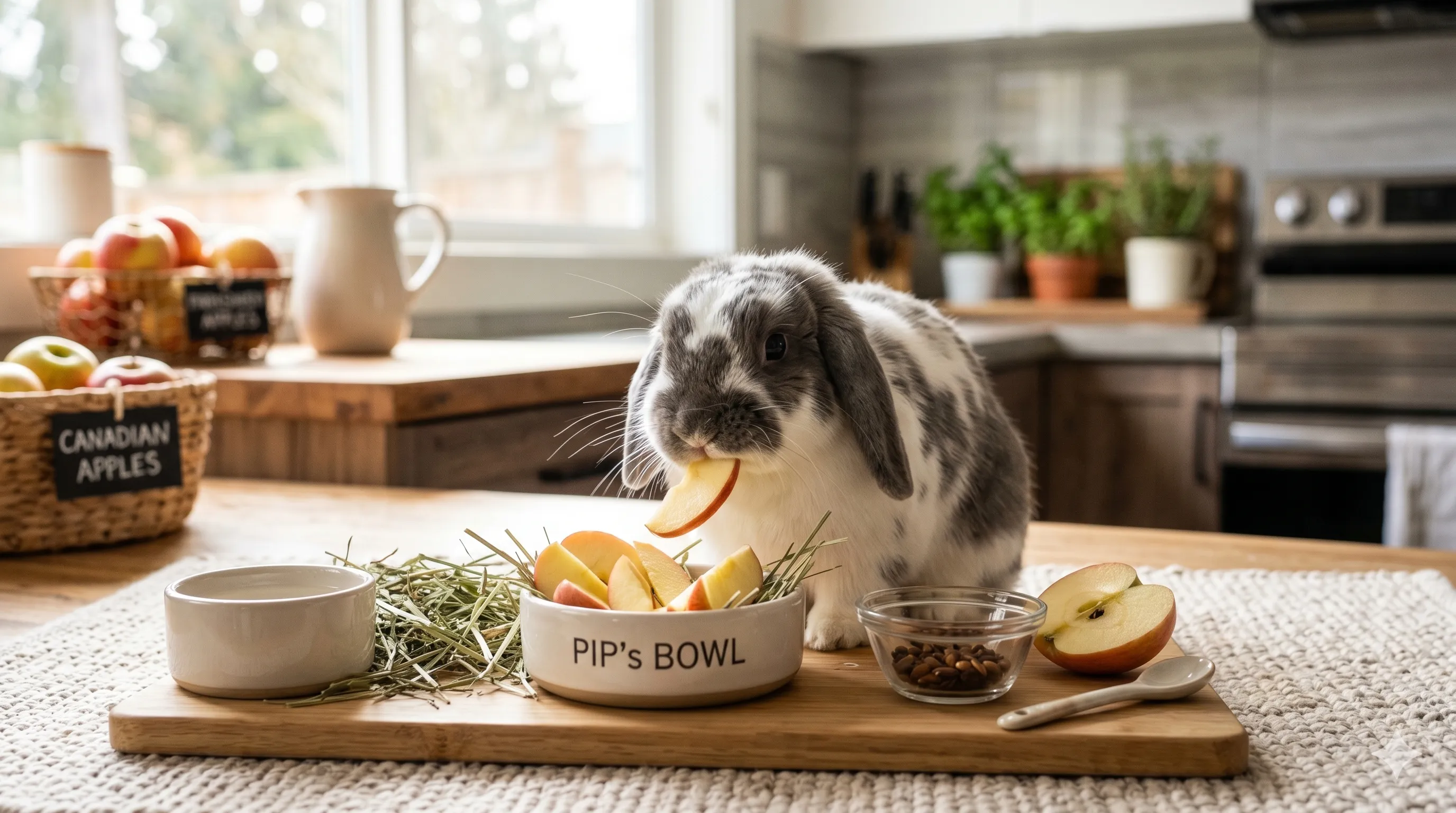 Close-up of rabbit eating safe apple slices without seeds in a healthy feeding setup