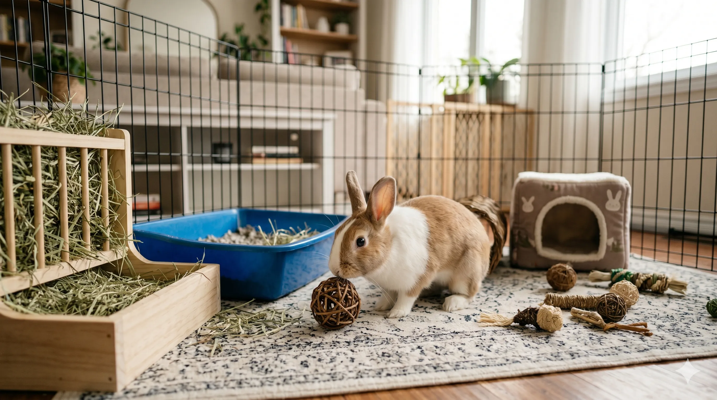 rabbit-safe-indoor-habitat-closeup-image-1 Close-up of rabbit exploring safe indoor habitat with toys hay and rabbit-proofed setup