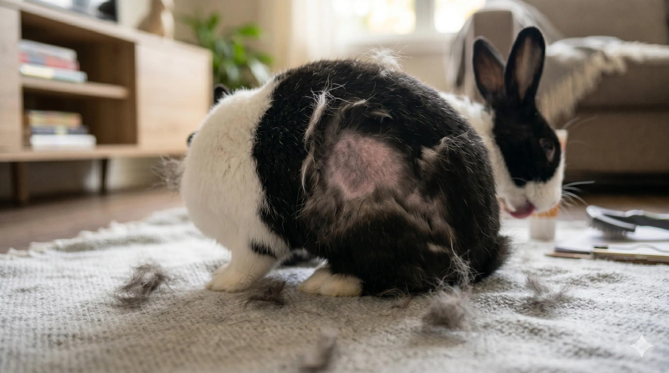 rabbit-shedding-fur-closeup-molting-image-1 Close-up of rabbit shedding loose fur during molting season indoors