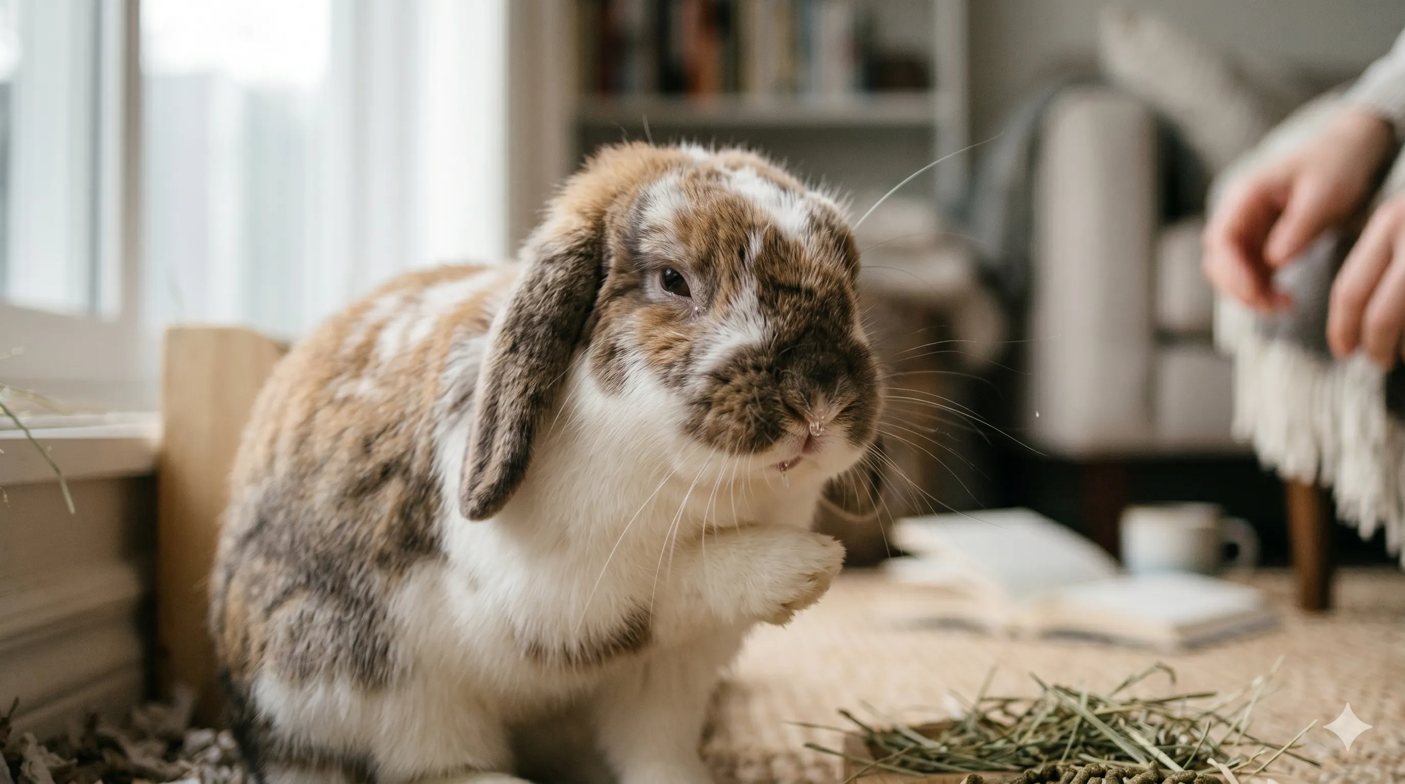 rabbit-sneezing-closeup-respiratory-signs-image-1 Close-up of rabbit showing sneezing symptoms and mild nasal irritation indoors