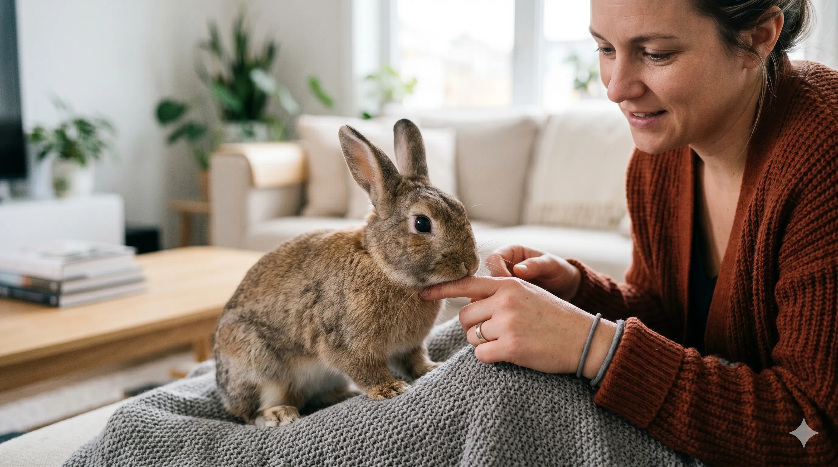 Rabbit gently biting owner's hand showing communication and affection behavior