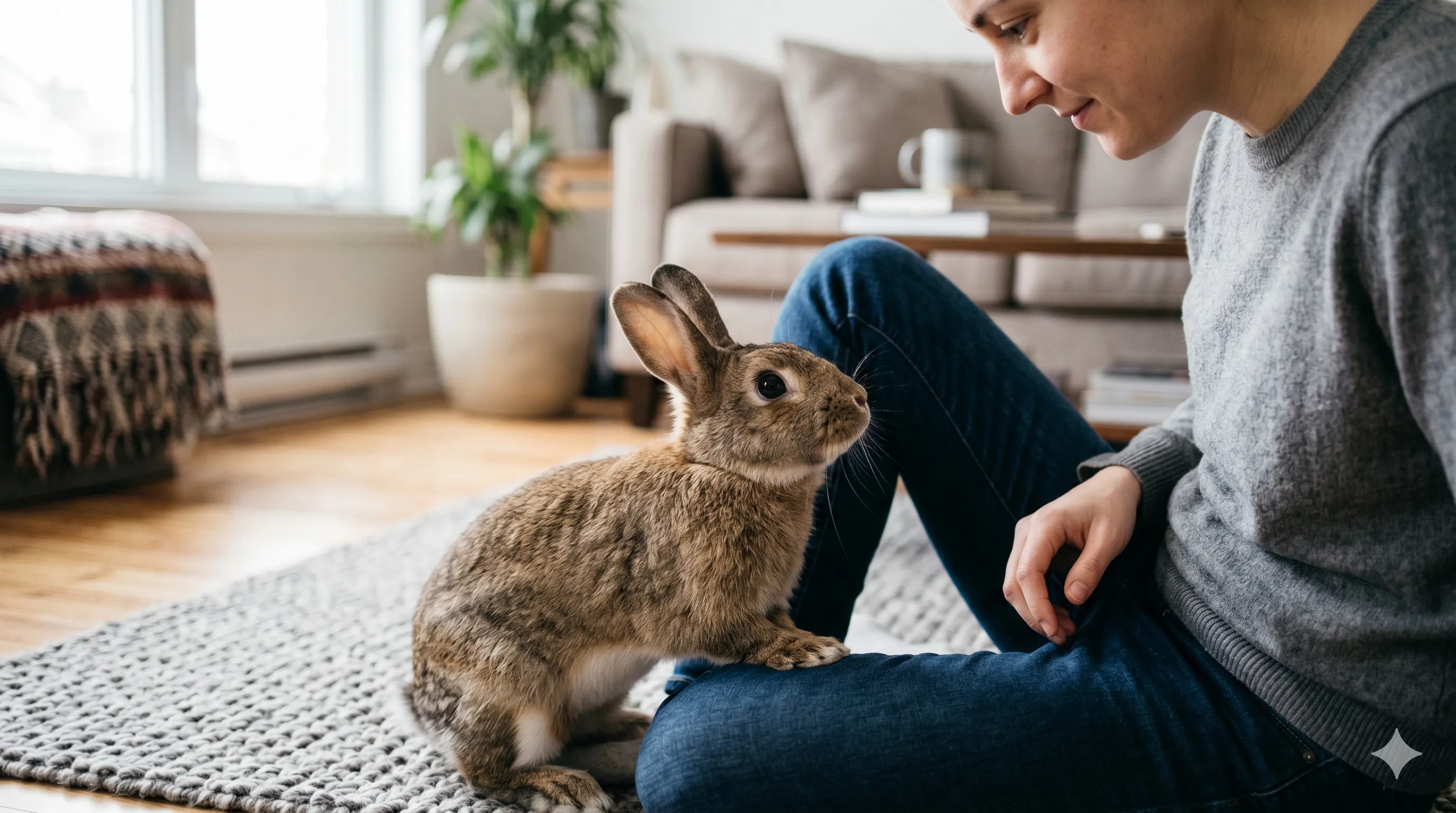 Rabbit staring at owner indoors showing attention and body language communication