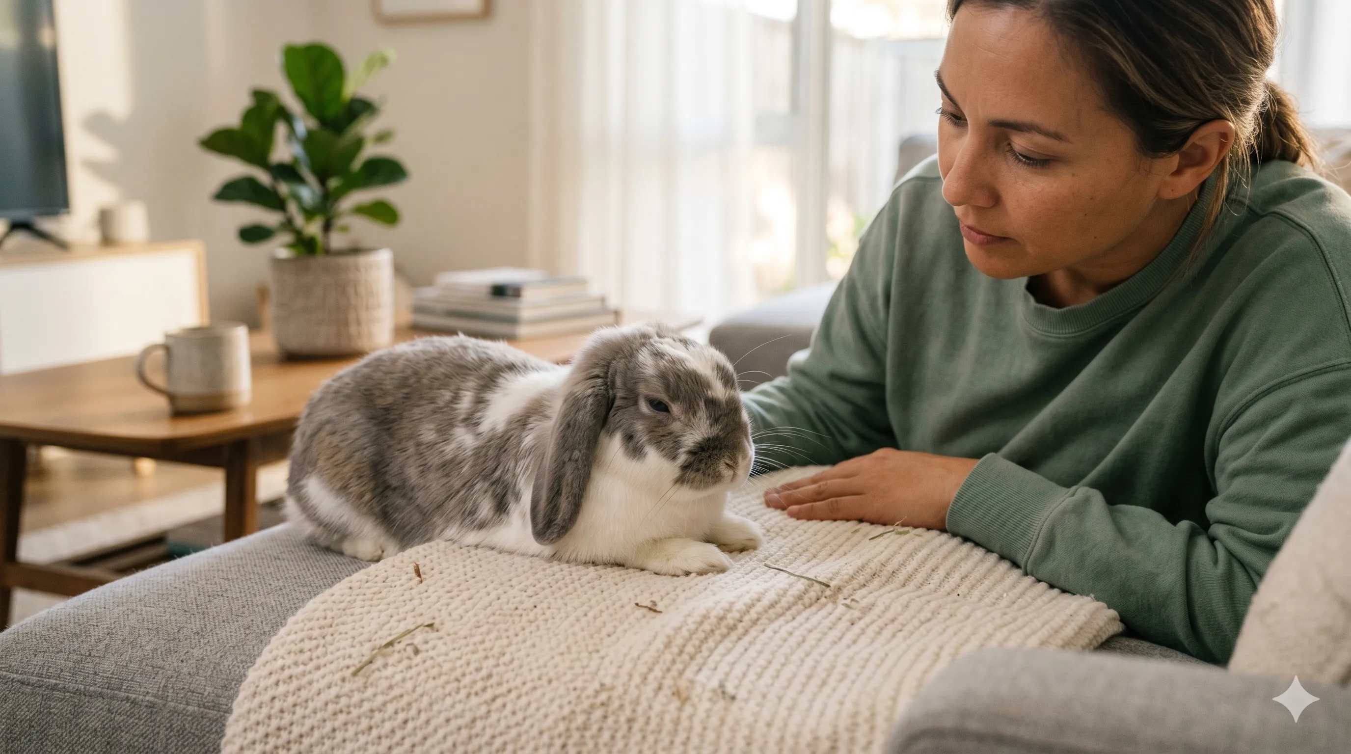 Rabbit grinding its teeth indoors showing comfort behavior or possible pain signals