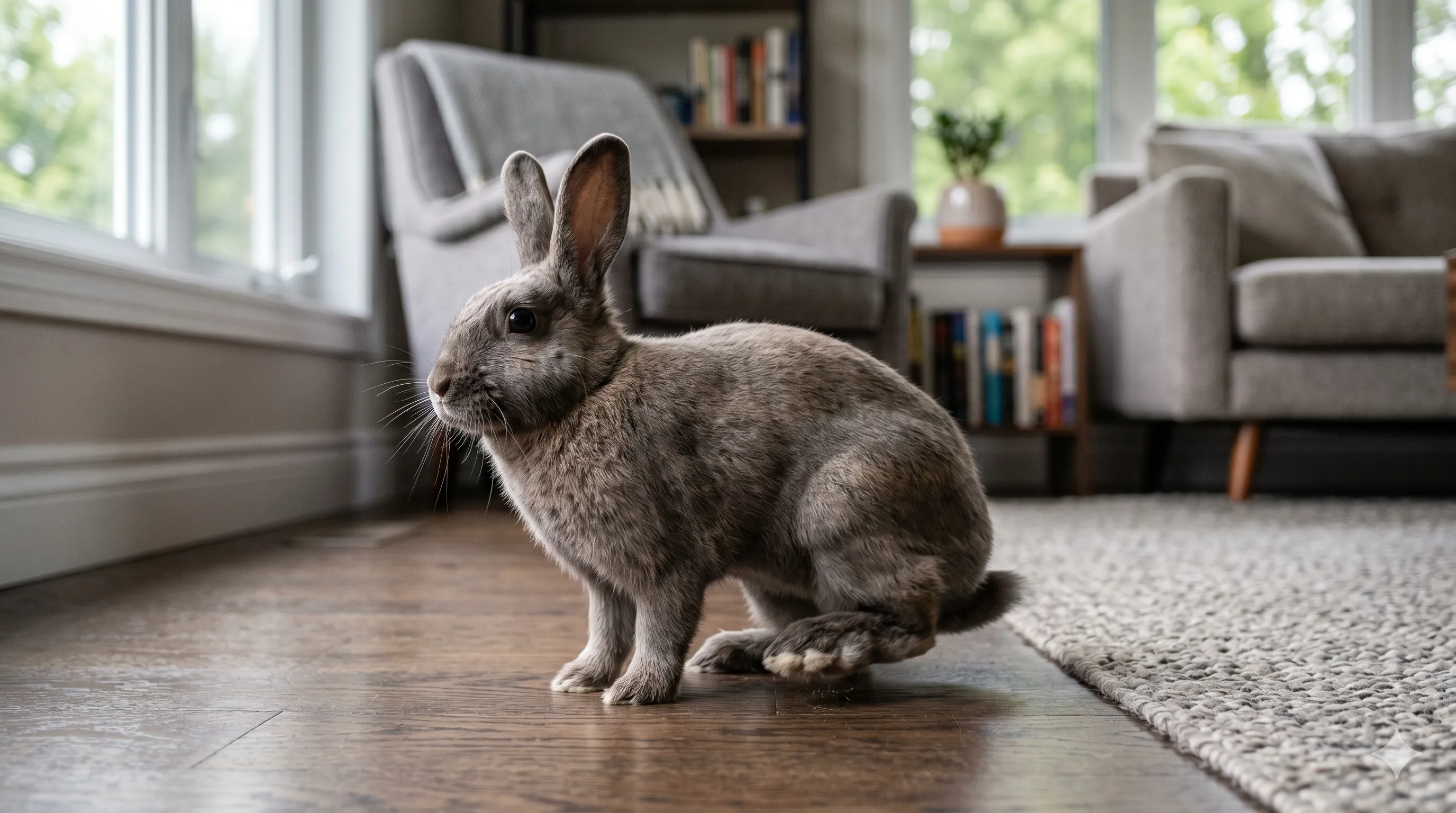 Rabbit thumping its hind legs indoors showing alert or warning behavior