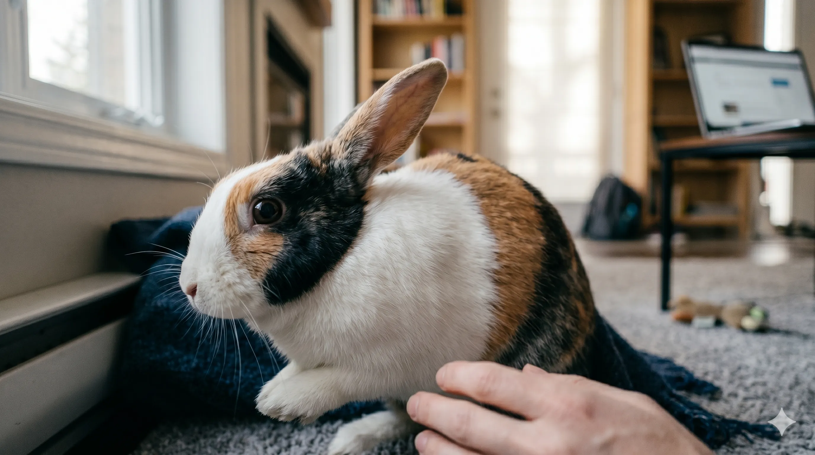 Close-up of rabbit showing trembling posture and nervous stress body language indoors