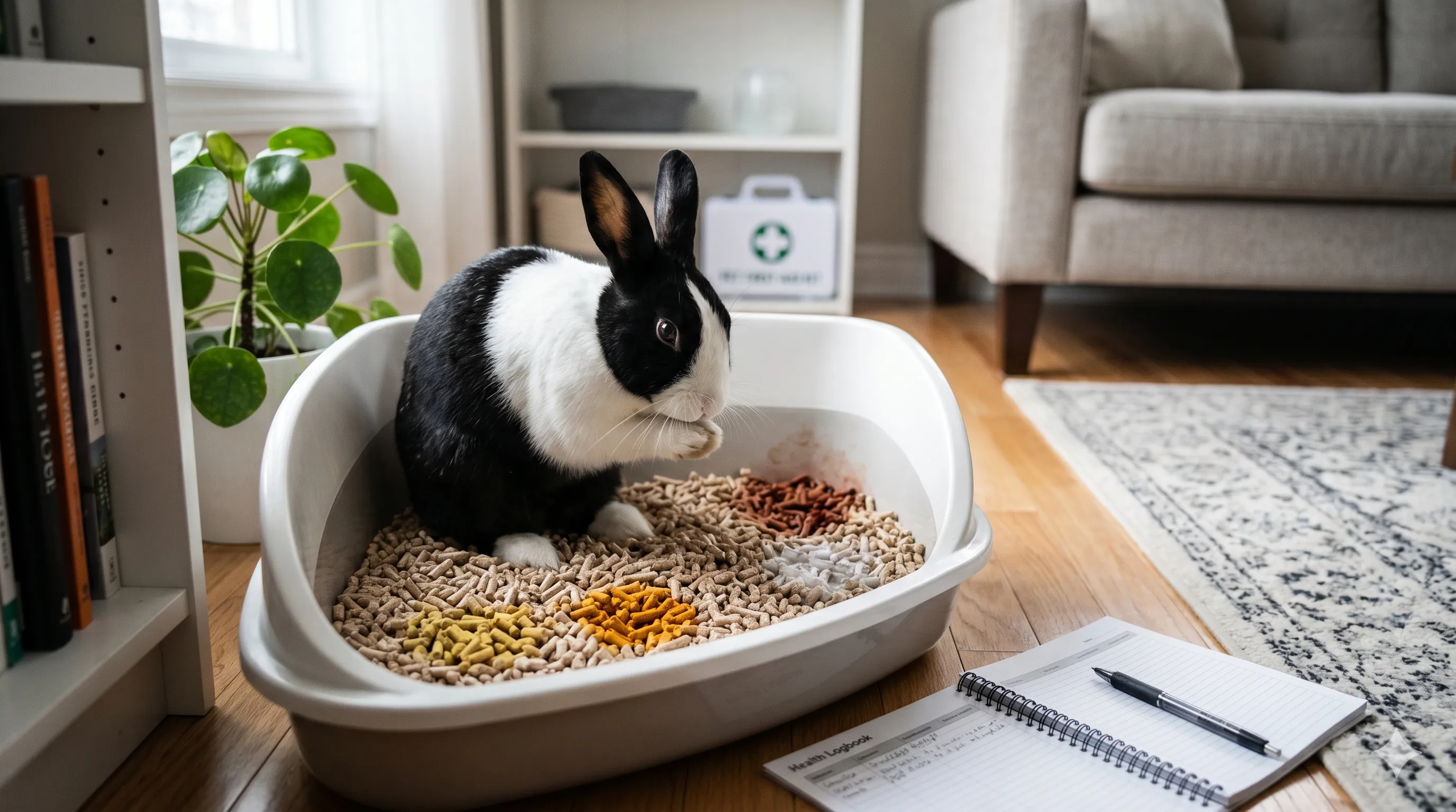 Rabbit near litter area showing different urine color meanings and health warning signs