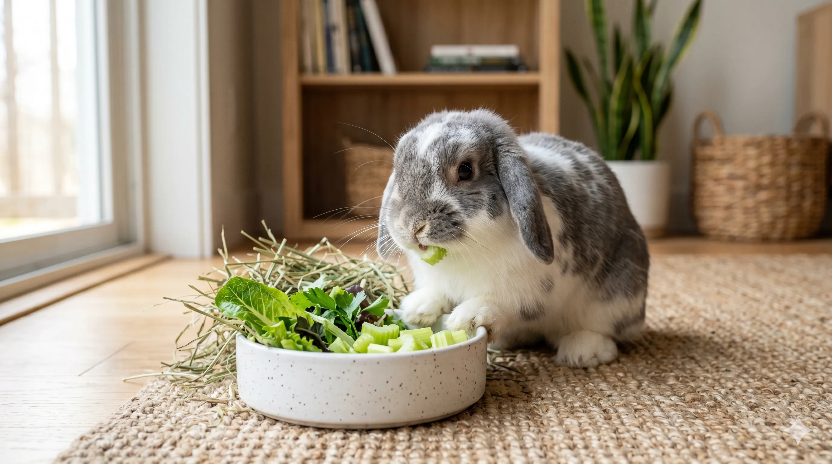 Rabbit eating fresh celery pieces indoors showing safe healthy feeding and balanced diet