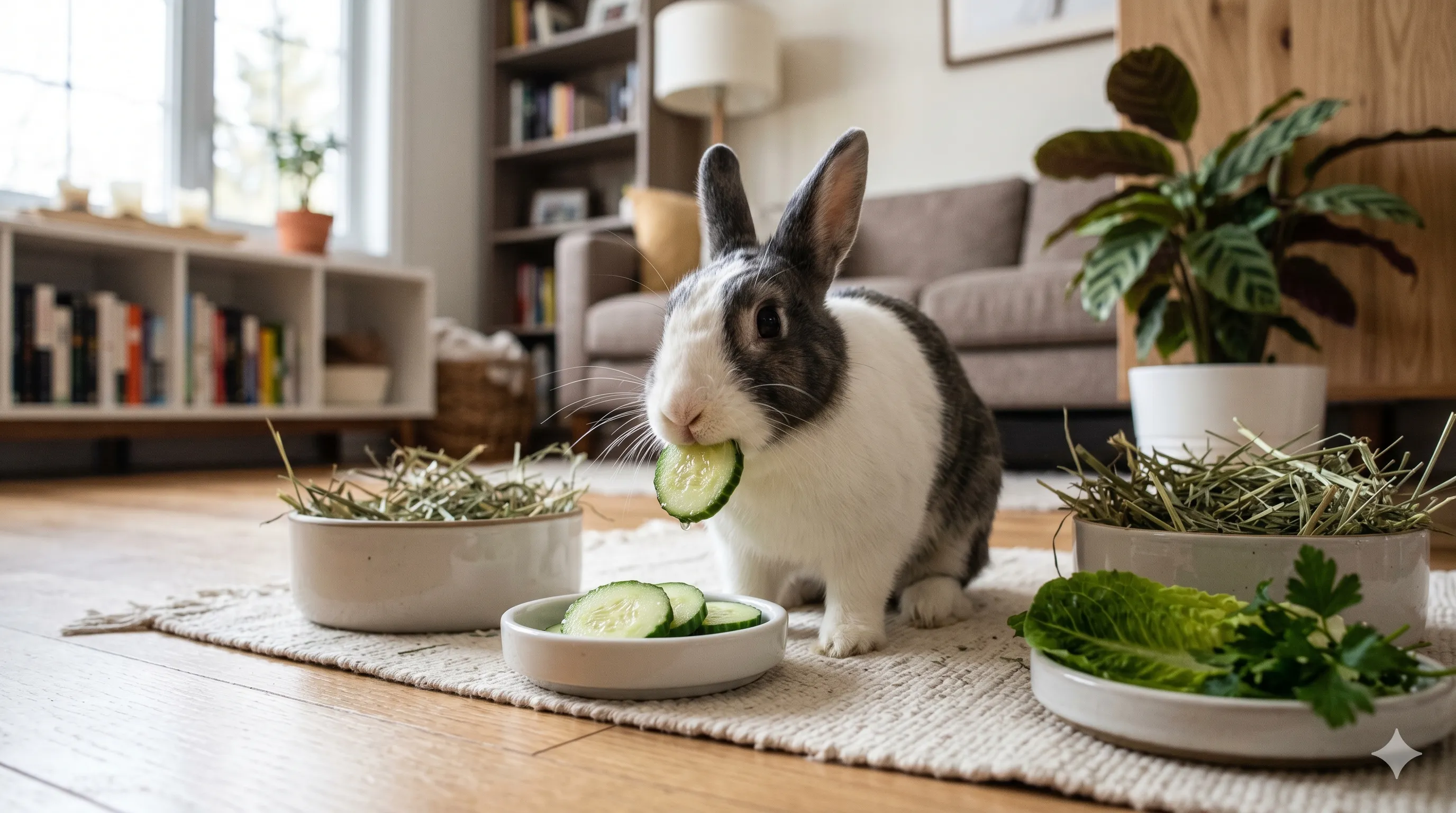 Rabbit eating fresh cucumber slices indoors showing hydration and healthy feeding behavior