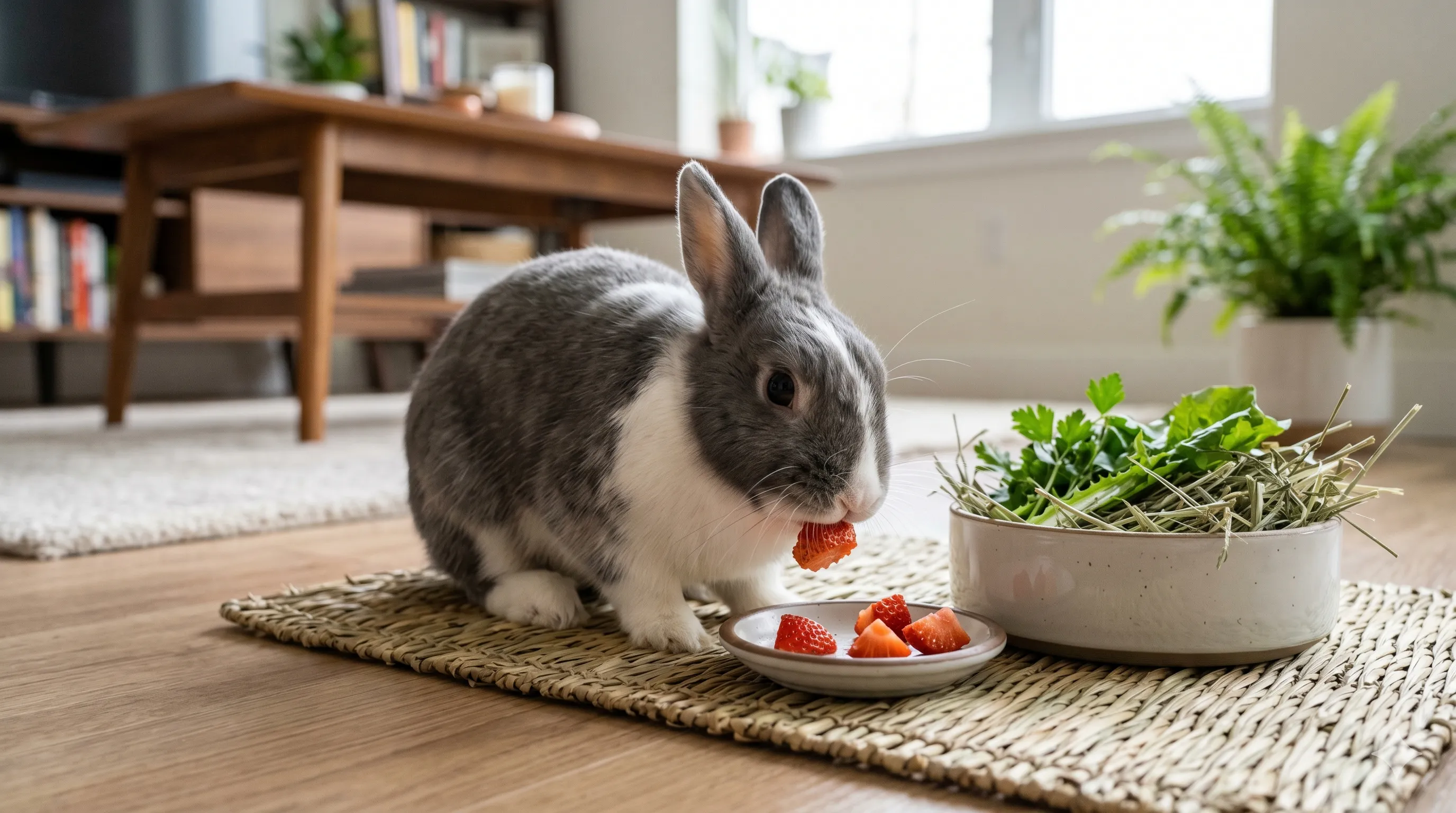 Rabbit eating small strawberry pieces indoors showing healthy fruit treat and safe feeding