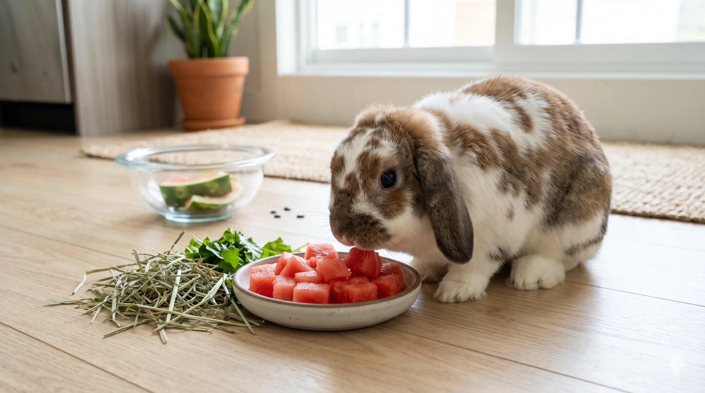 Rabbit eating small watermelon pieces indoors showing refreshing summer treat and safe feeding
