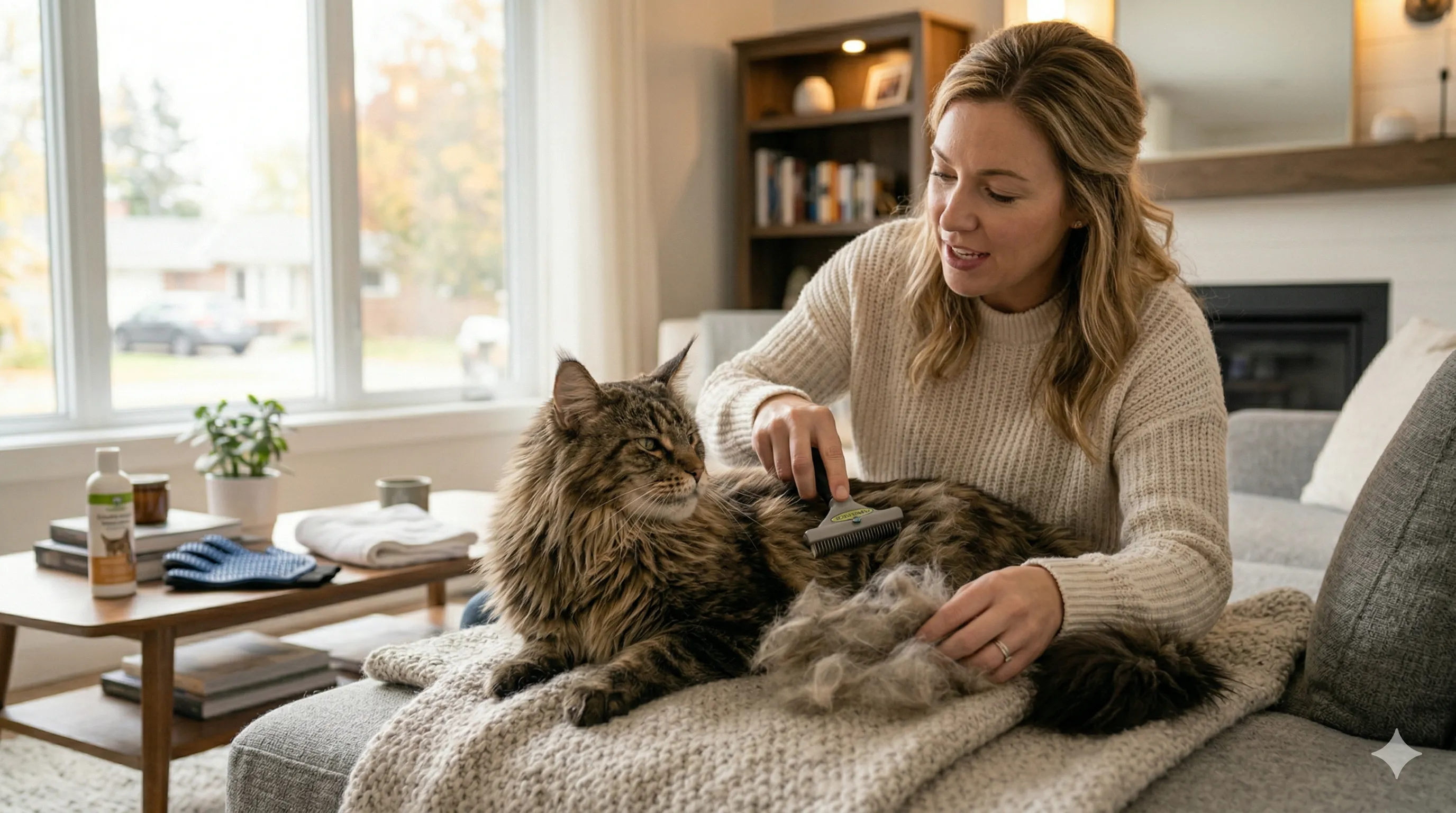 owner helping Maine Coon with how to reduce cat shedding