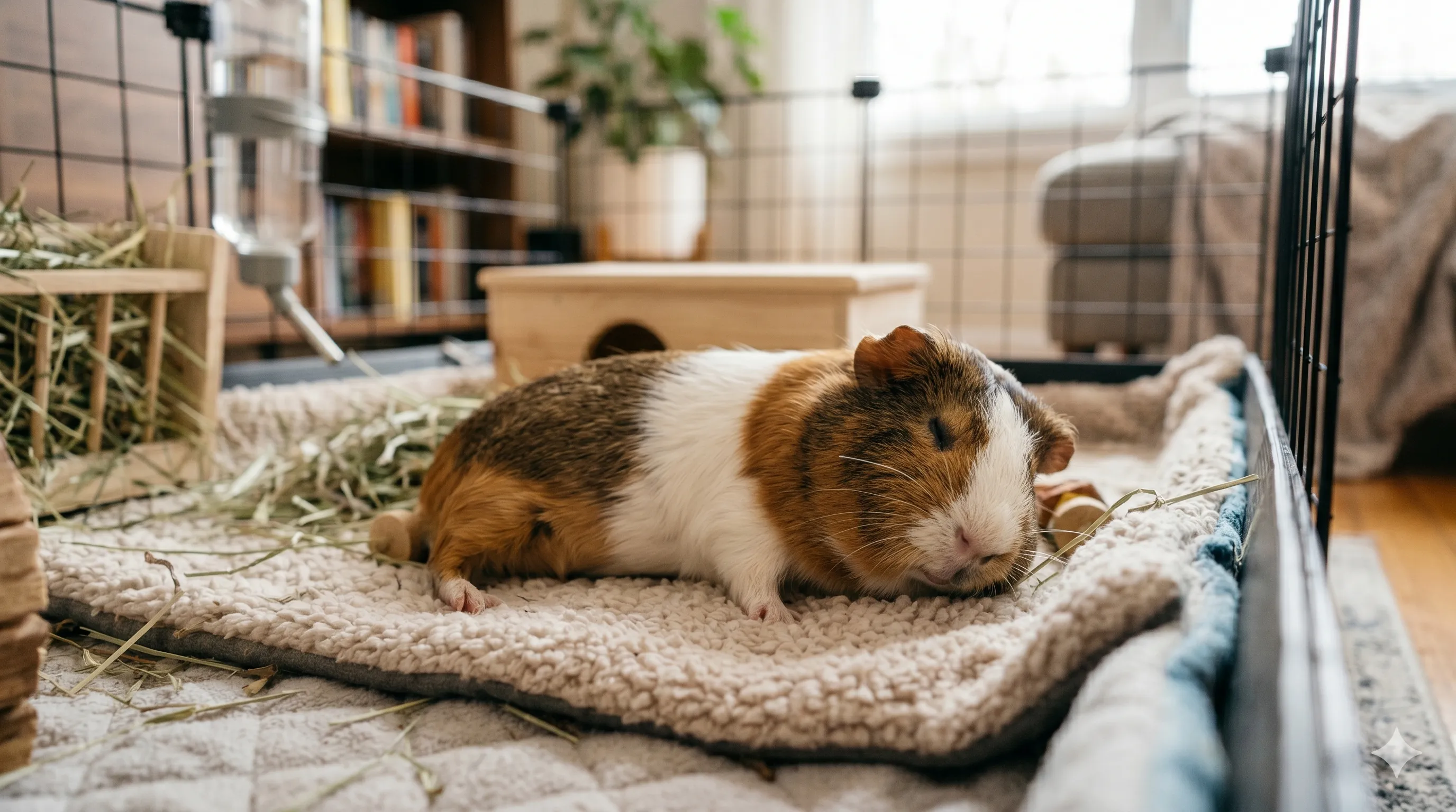 Relaxed guinea pig resting comfortably after bonding interaction with owner indoors