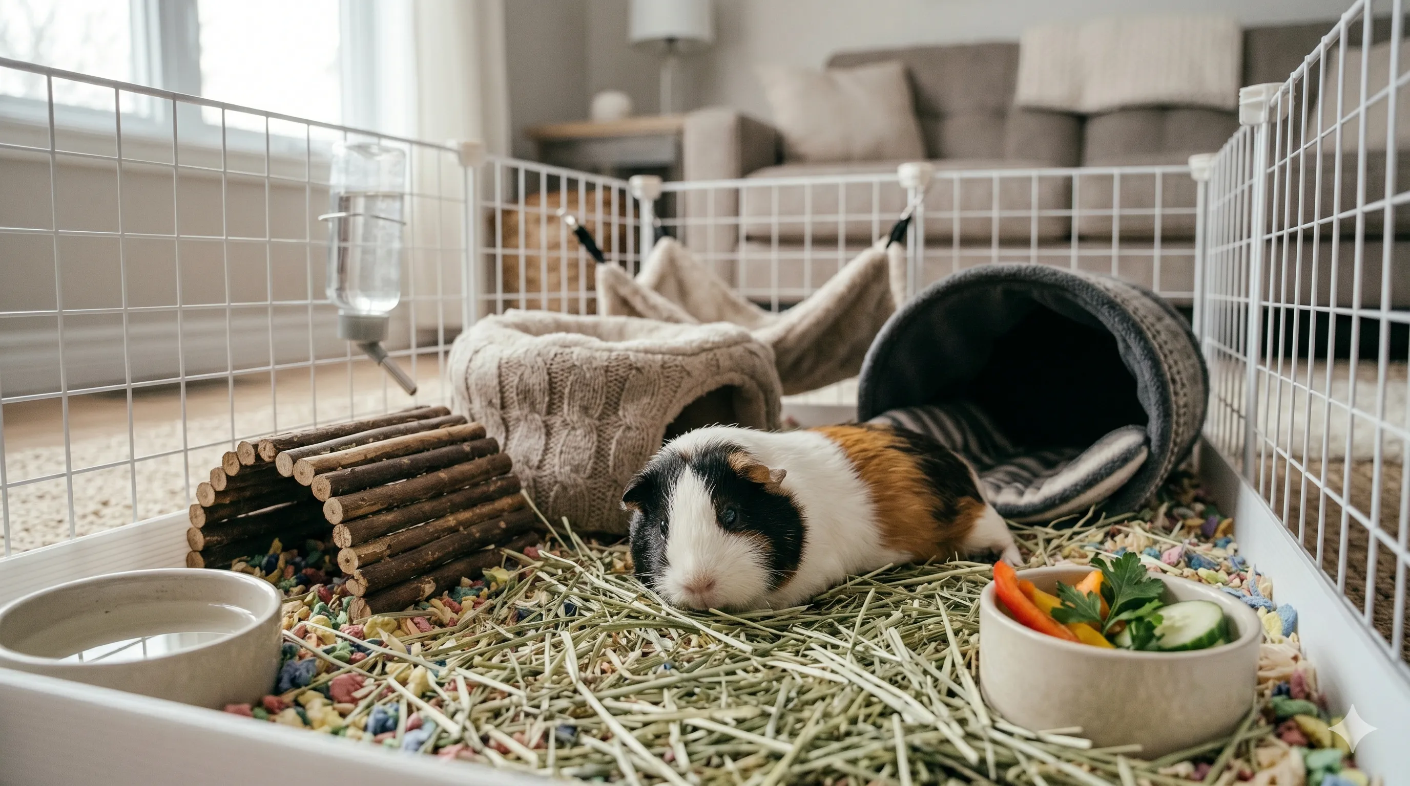 Relaxed guinea pig resting comfortably after feeling safe and secure indoors