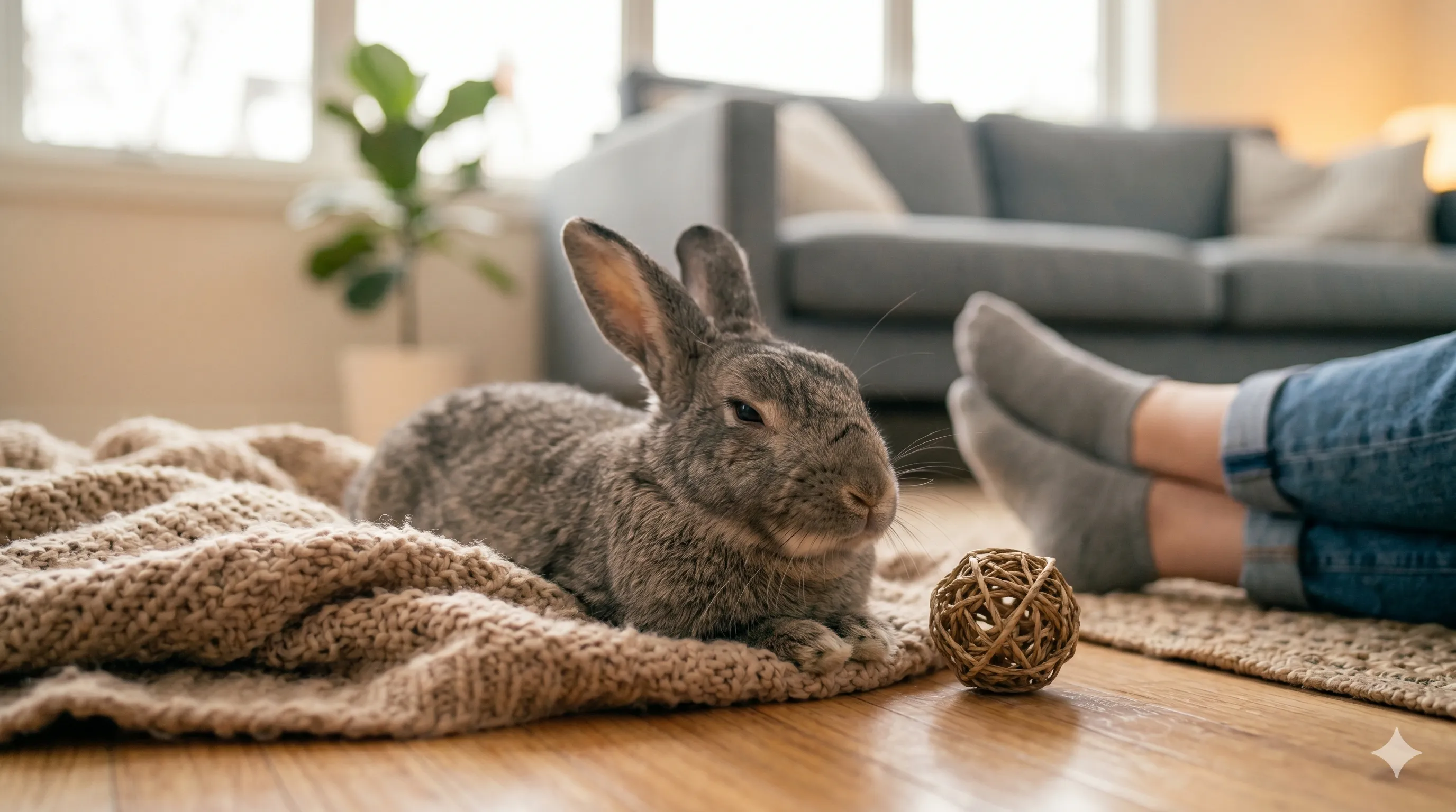 relaxed-rabbit-after-playful-circling-image-3 Calm rabbit resting peacefully after playful circling behavior indoors