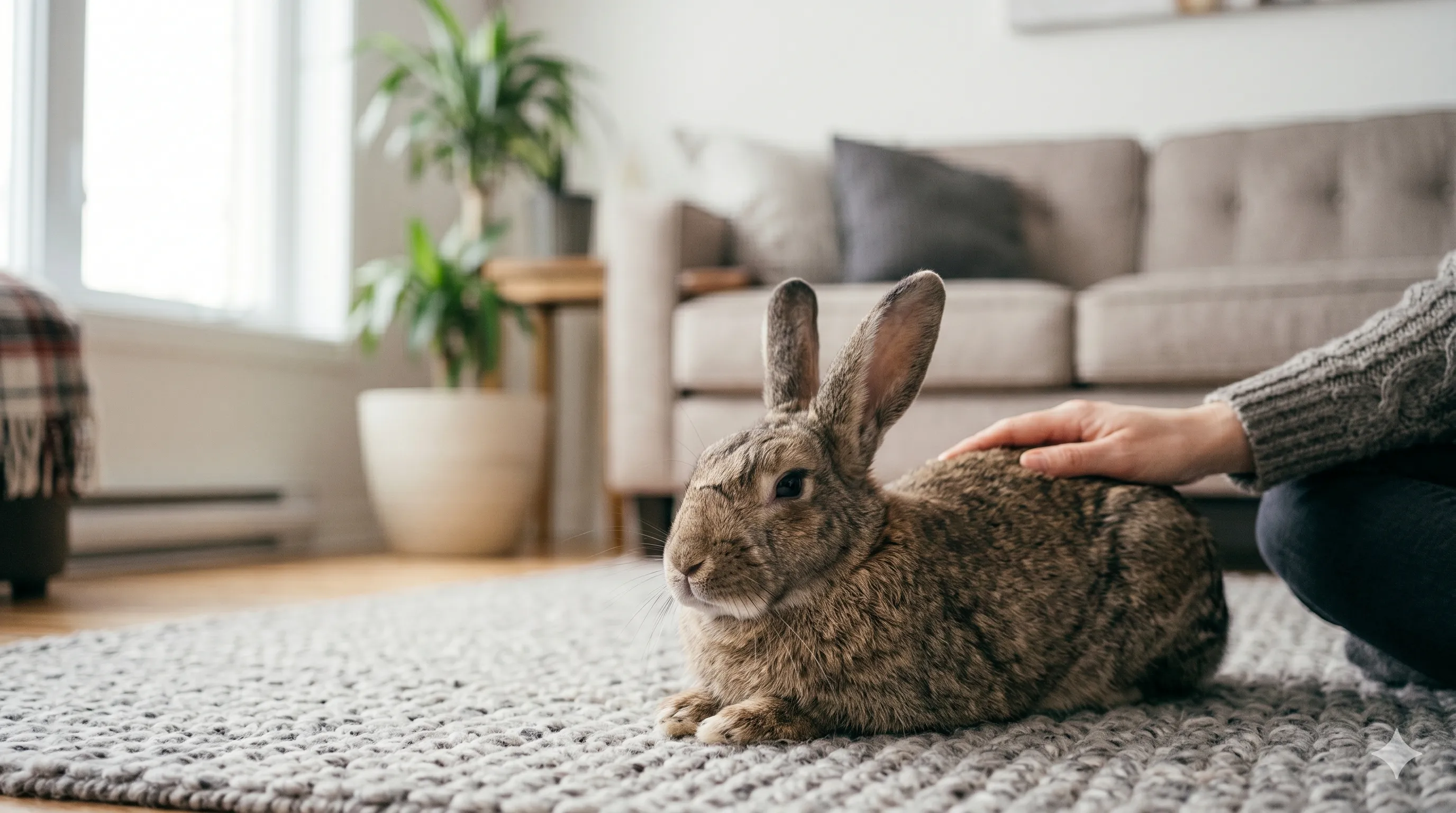 relaxed-rabbit-after-social-bonding-image-3 Calm rabbit relaxing comfortably after bonding and interaction with owner