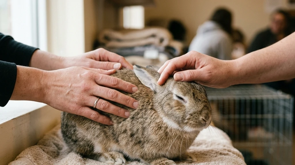 Potential adopter meeting a rescue rabbit at a shelter