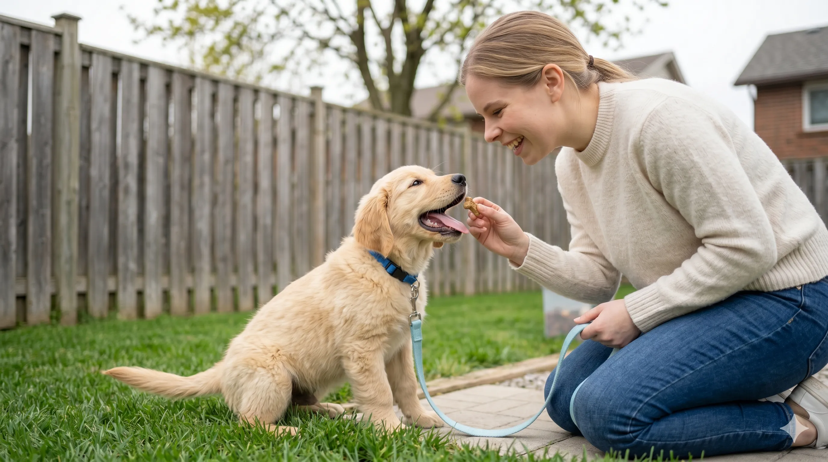 Rewarding a puppy after successful potty training outside