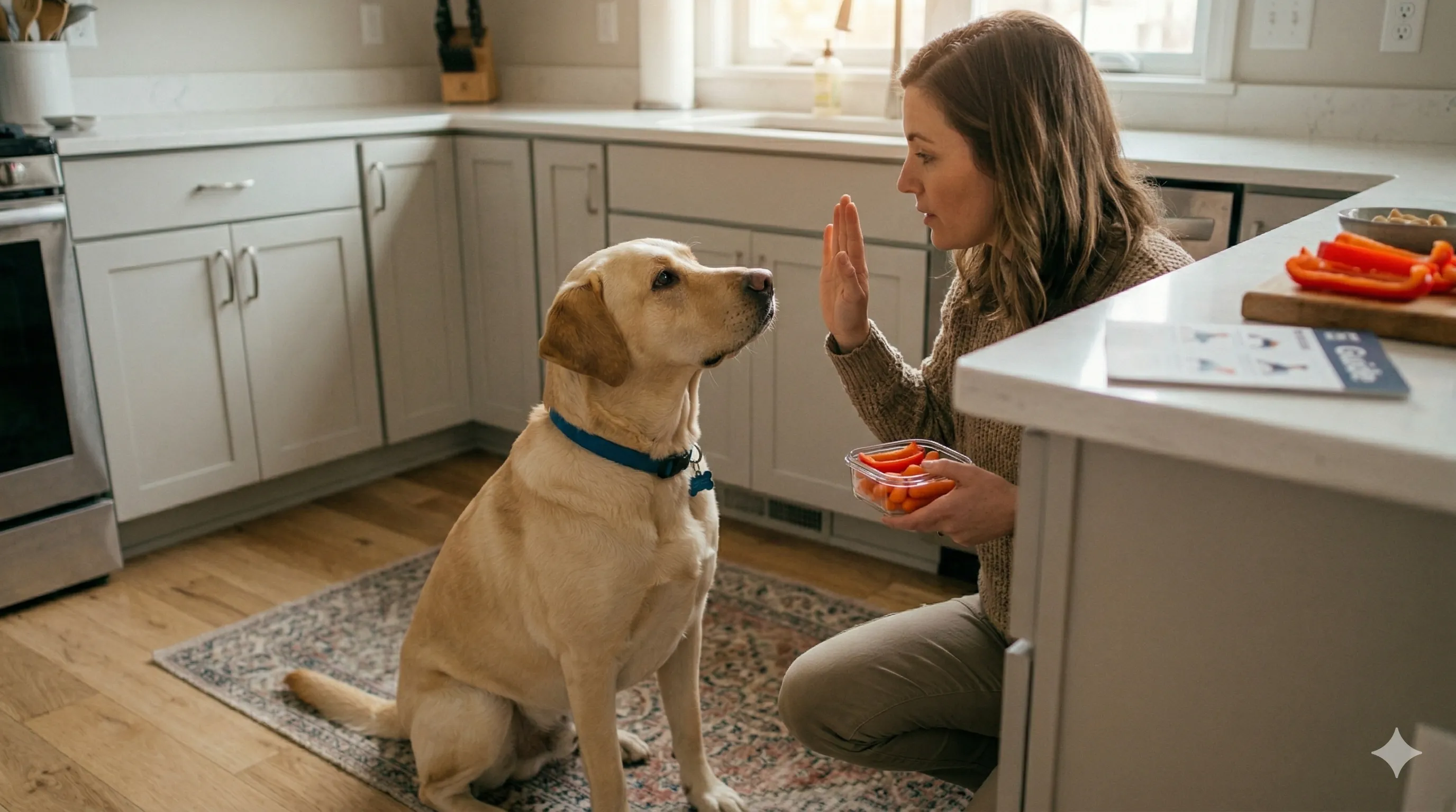 owner helping Labrador Retriever with safe human foods for dogs