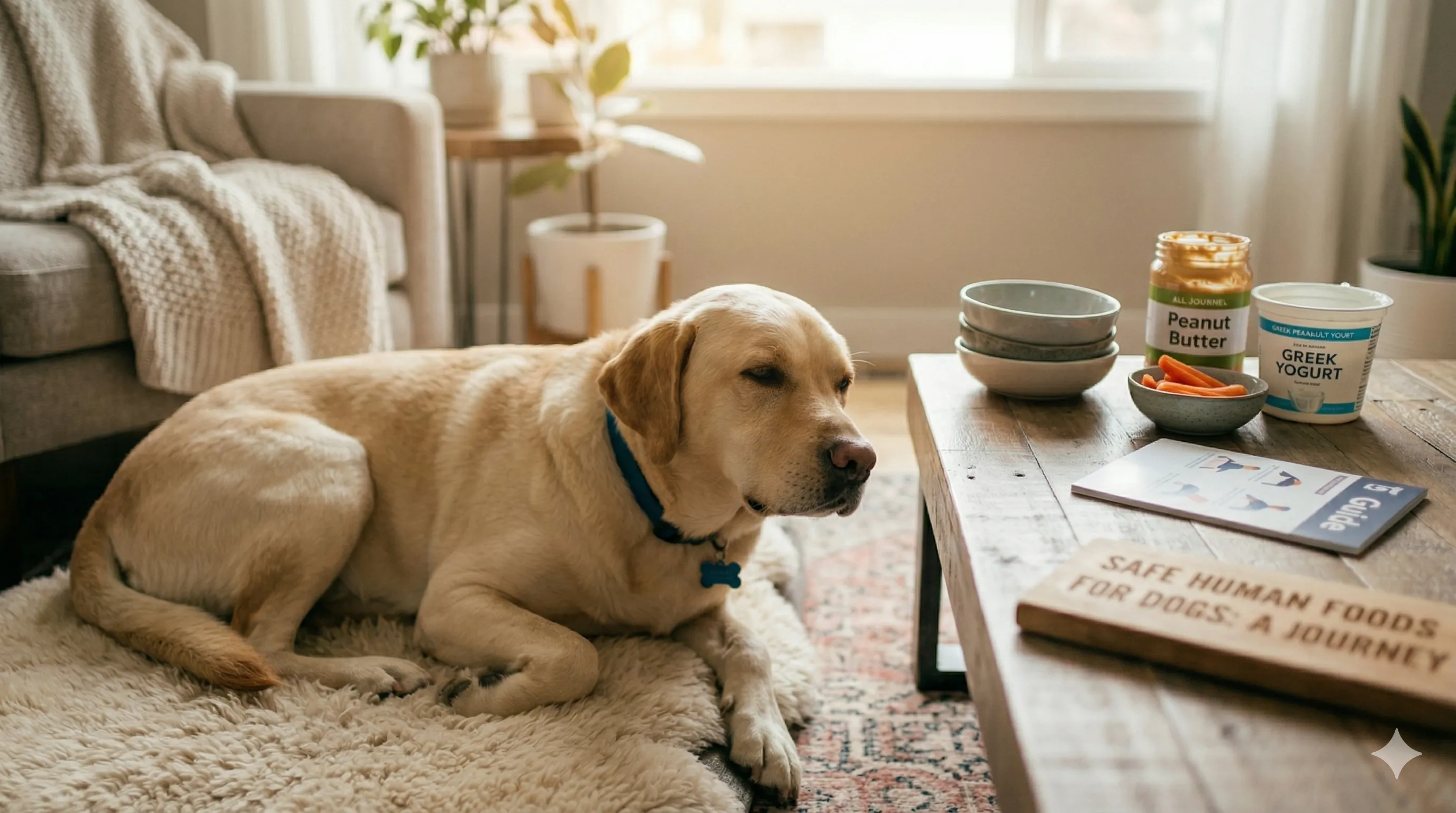 happy Labrador Retriever after resolving safe human foods for dogs
