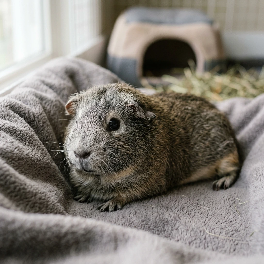 senior-guinea-pig-graying-fur-resting.webp Senior guinea pig with graying fur resting in a soft-bedded enclosure