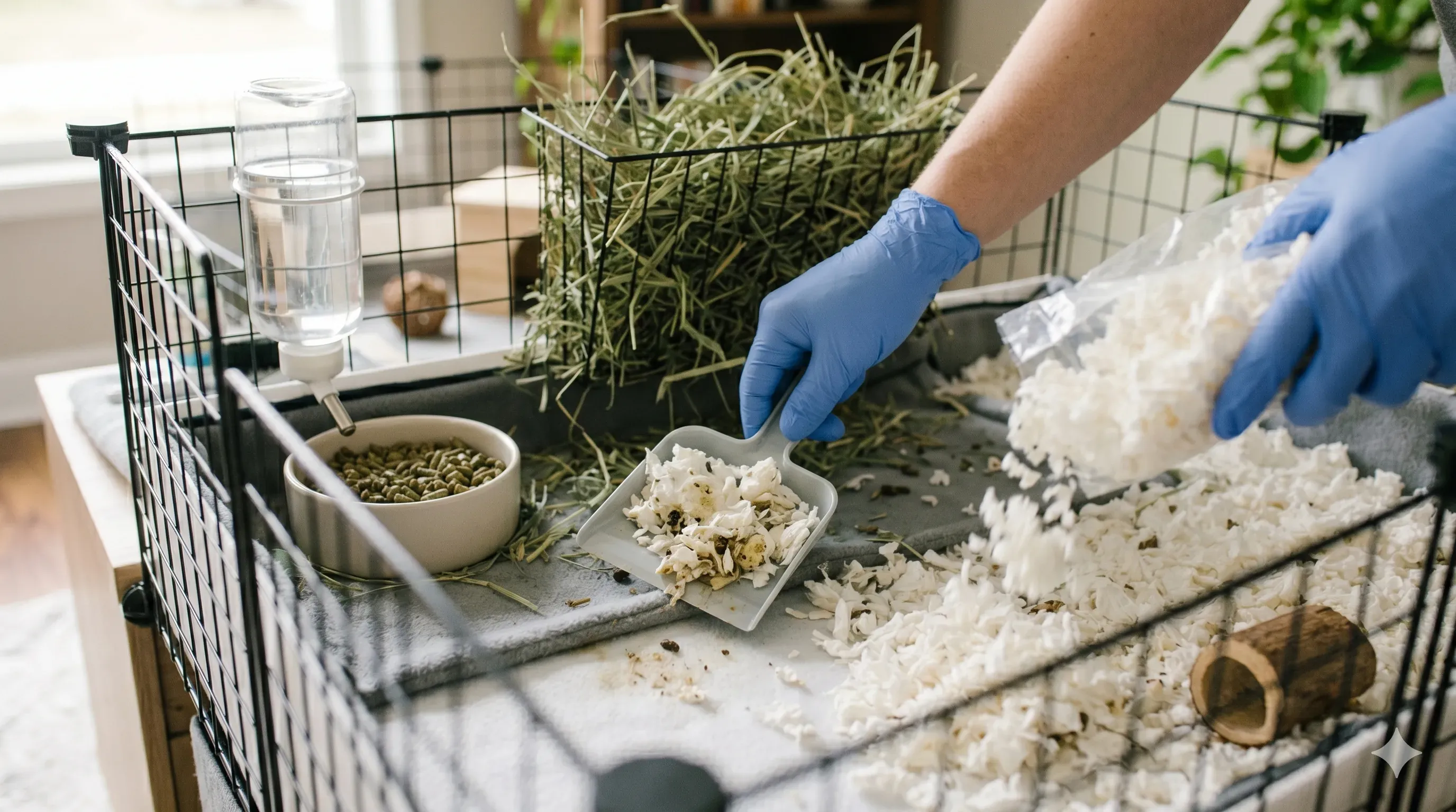 spot-cleaning-guinea-pig-cage Close-up of guinea pig cage being spot cleaned with fresh bedding and hay