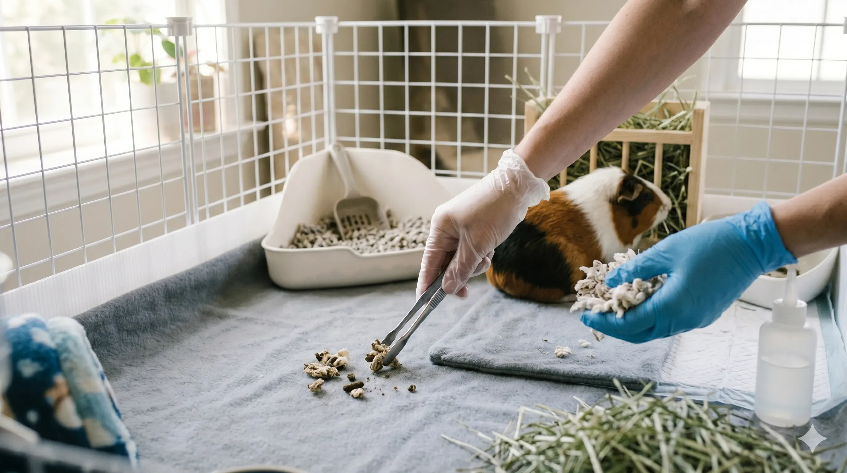 guinea-pig-cage-cleaning-routine An owner removing soiled bedding from a guinea pig cage during a spot clean