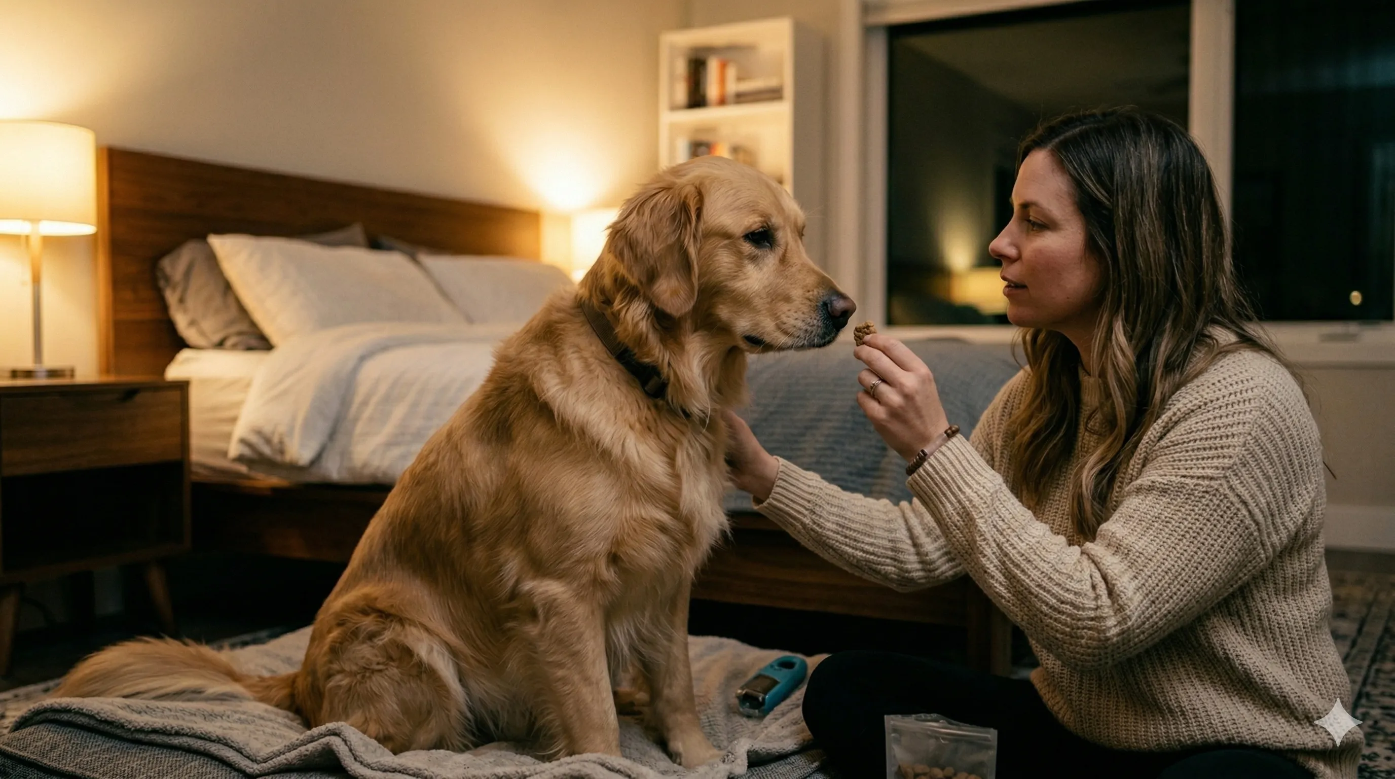 owner helping Golden Retriever with how to stop a dog from barking at night