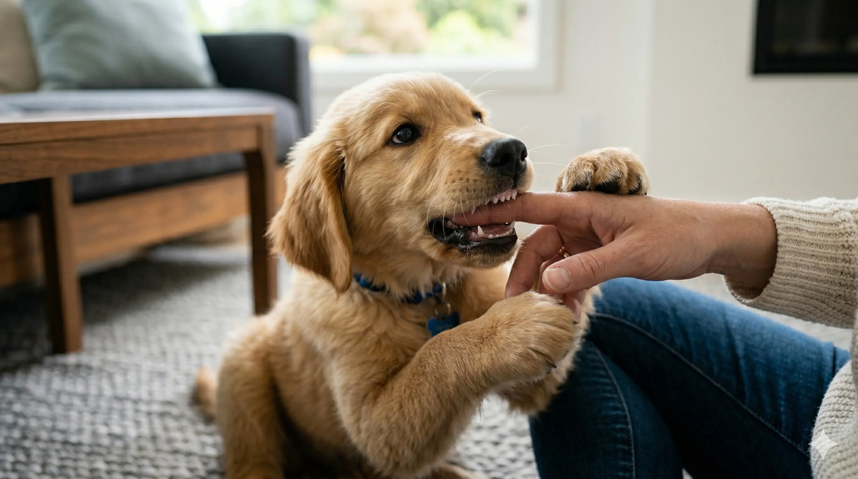 Golden Retriever Puppy showing behavior related to how to stop puppy biting