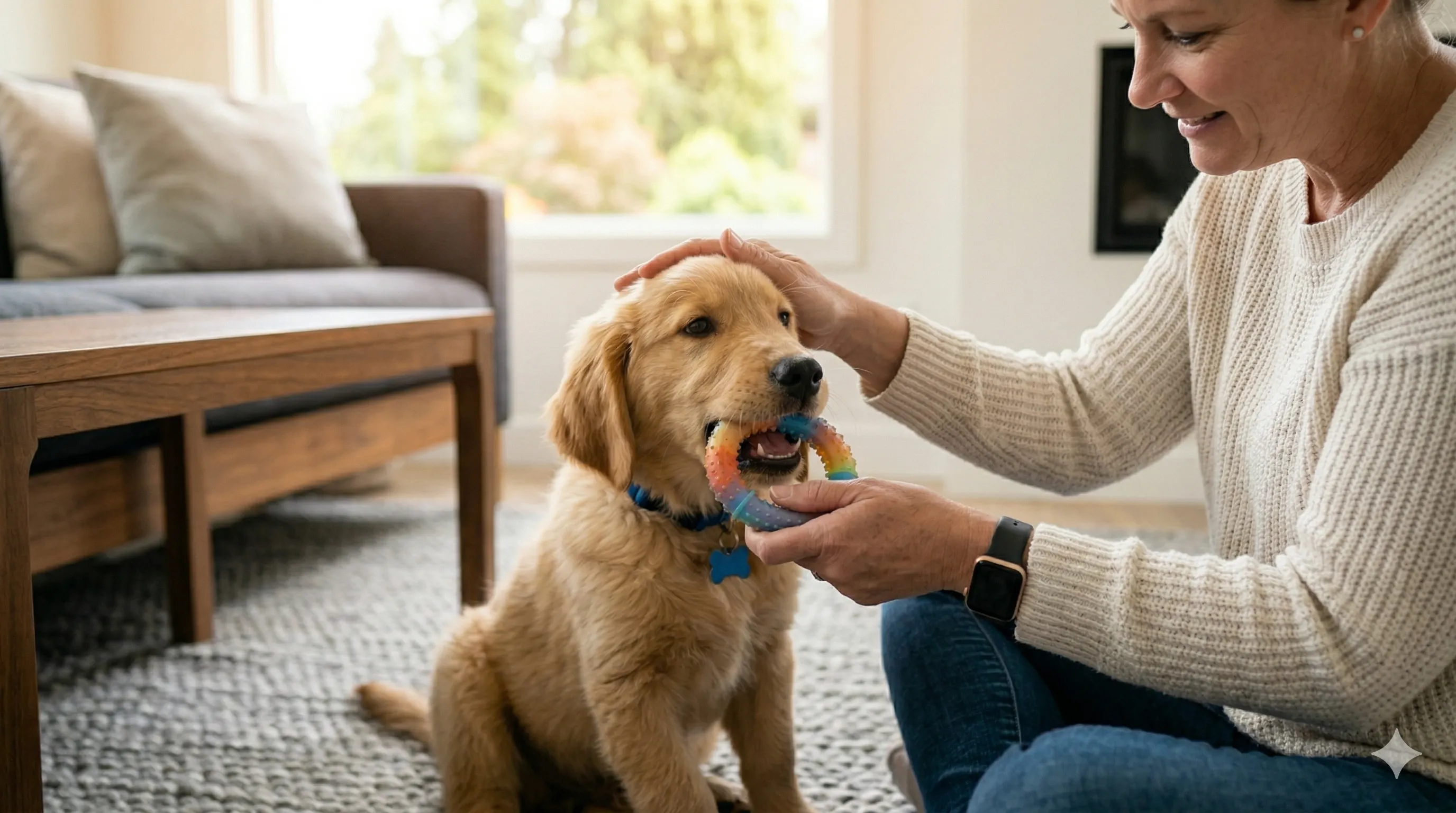 owner helping Golden Retriever Puppy with how to stop puppy biting