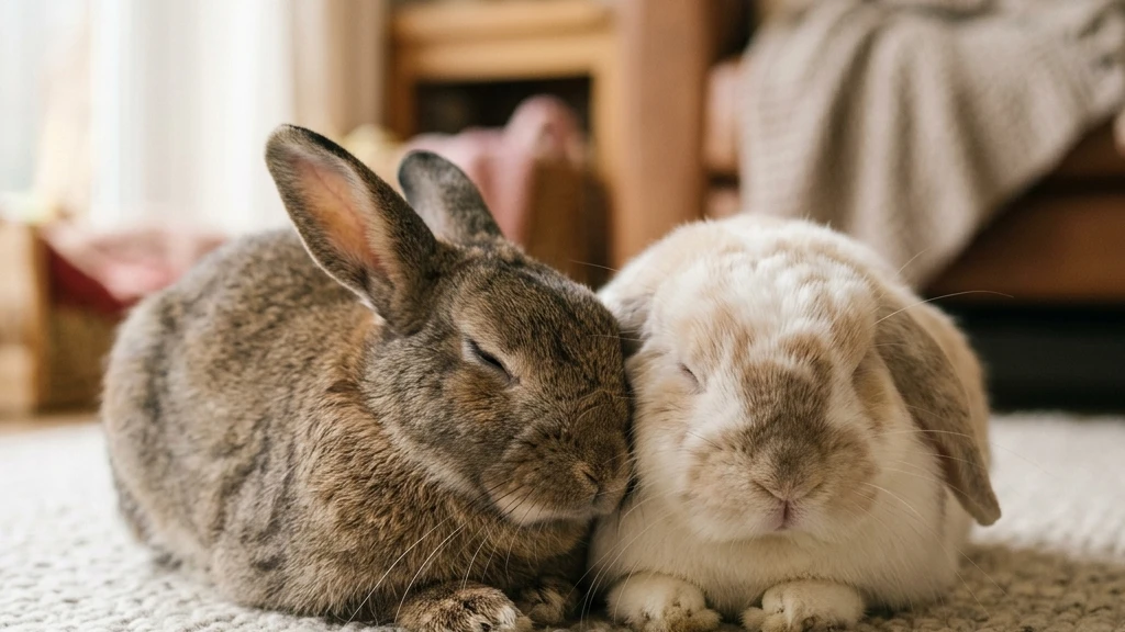 Two bonded rescue rabbits resting together after a successful introduction