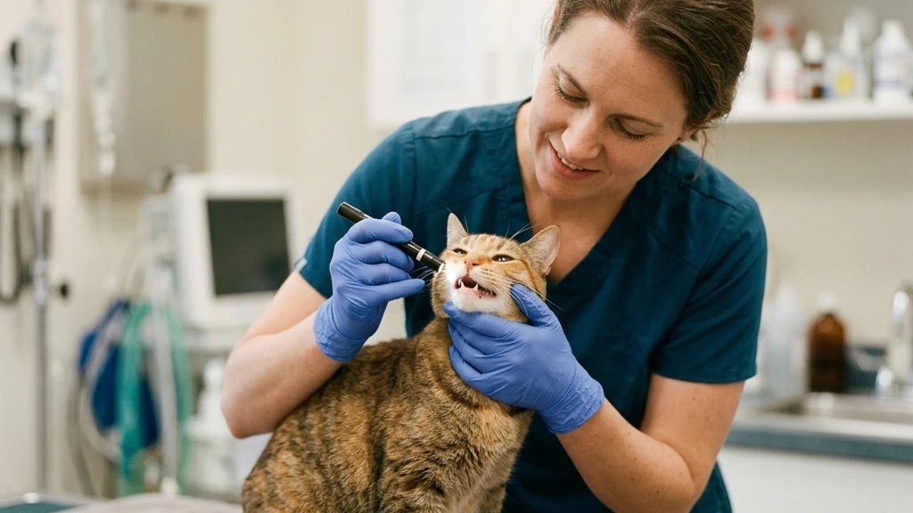 Veterinarian examining a cat's throat after a choking incident