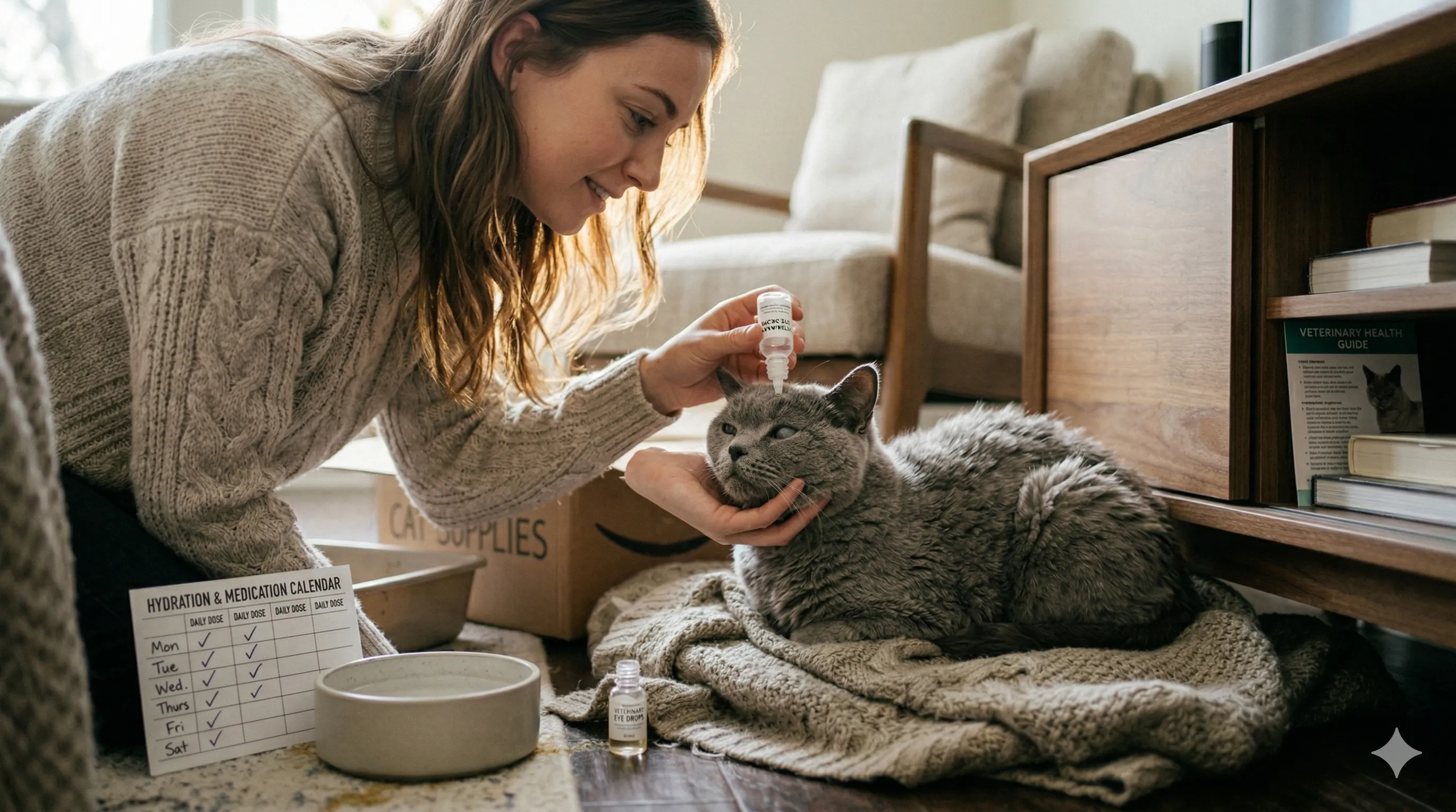 owner helping British Shorthair with 10 warning signs your cat may be sick