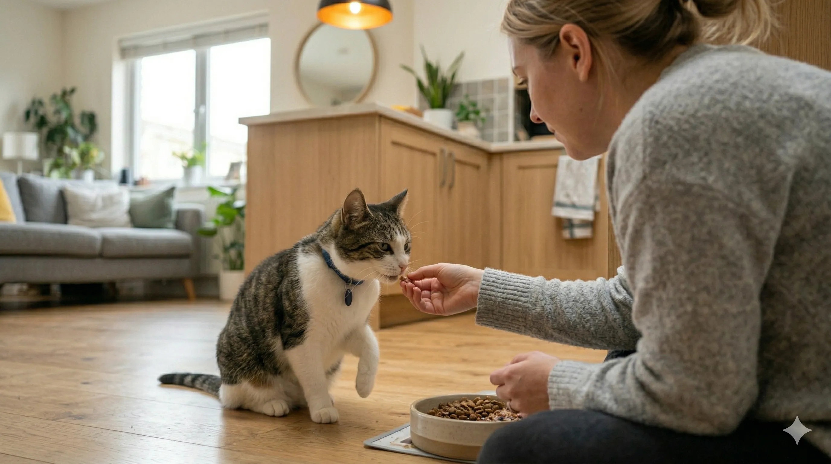 why-cat-not-eating-2.webp owner encouraging cat to eat food at home