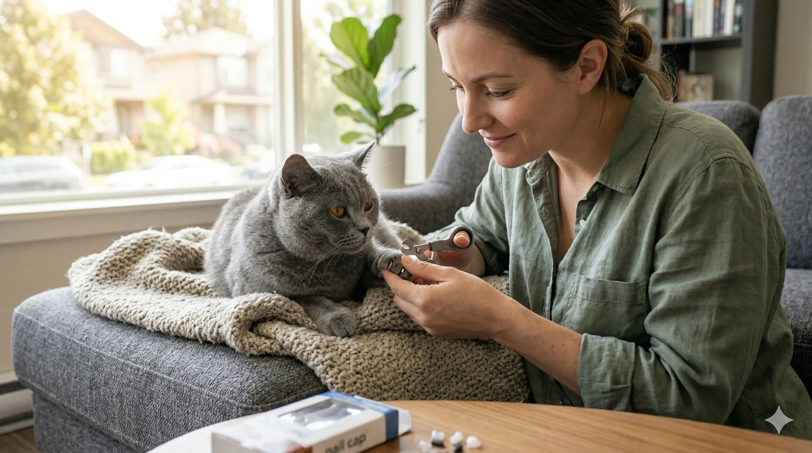 owner helping British Shorthair with why do cats knead blankets?