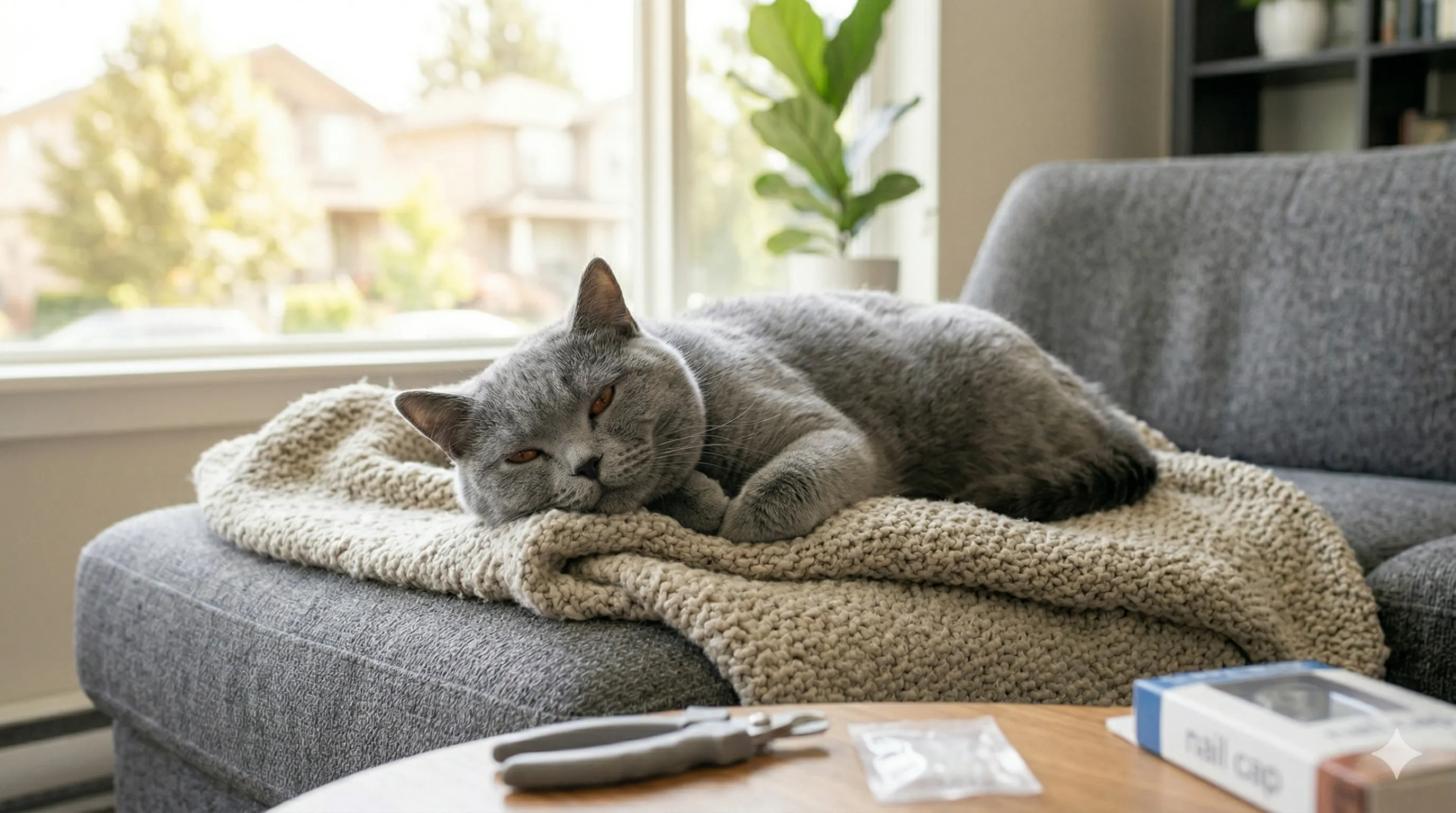 happy British Shorthair after resolving why do cats knead blankets?